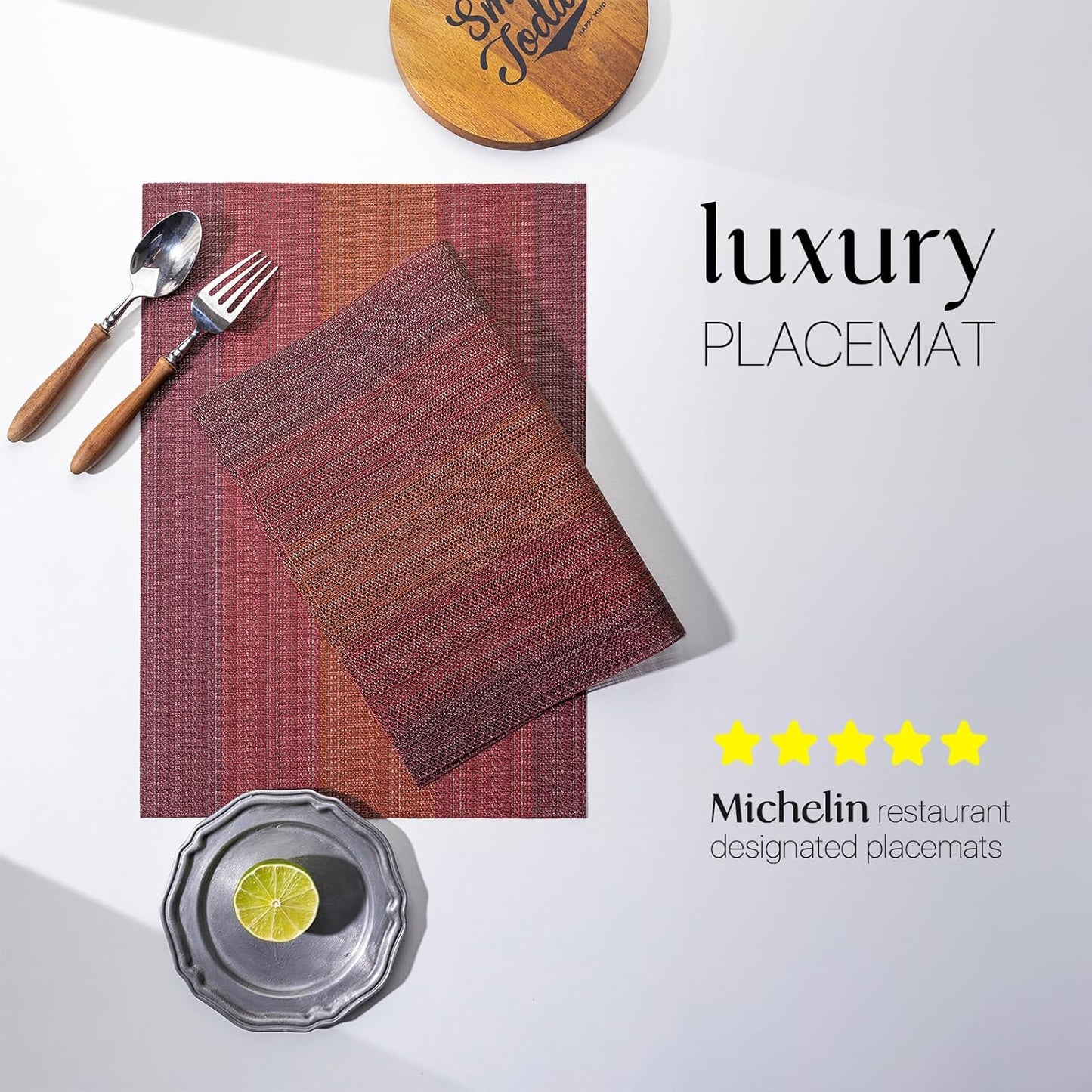 LEXMORE Placemats Set of 8 Vinyl/Plastic Woven Place Mats for Kitchen Table Indoor/Outdoor Washable Placemat Wipeable Dining Table Mats(Pomegranate Parade)