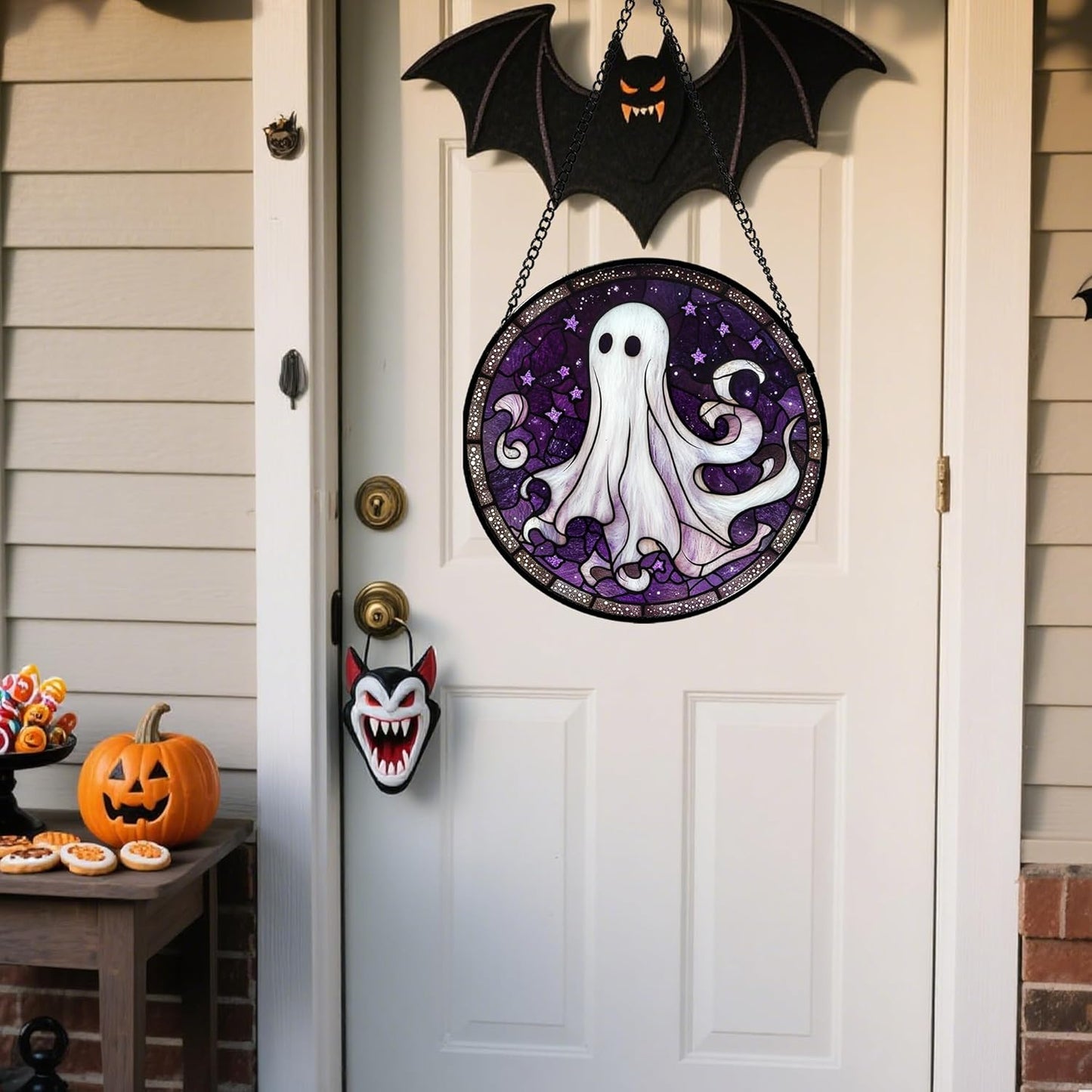 Stained Glass Window Hanging - Halloween Decorations White Ghost Purple Stars Suncatcher for Doors Garden Spooky Funny Sun Catchers Gothic Decor Horror Gifts for Women Men Friend 6.3 in