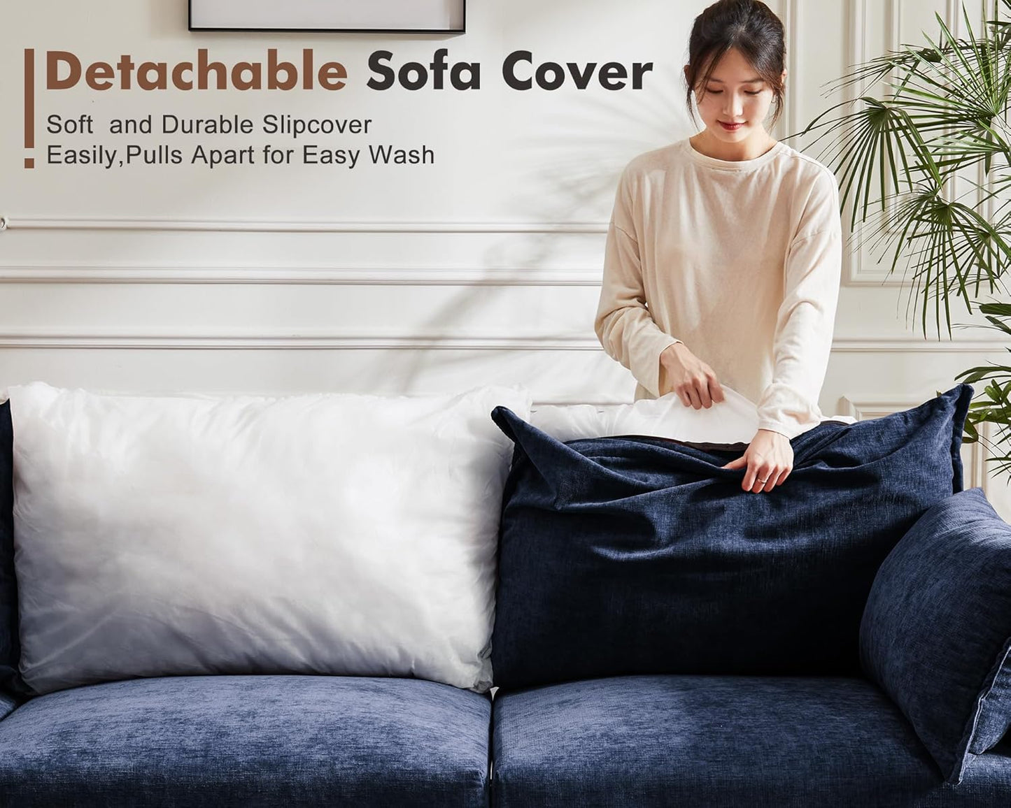 Oversized Loveseat Sofa, Modern Modular Sectional Couch Blue Fluffy Chenille Mid Century 2-Seat 24.5" Deep Seat for Apartment, Living Room, Bedroom