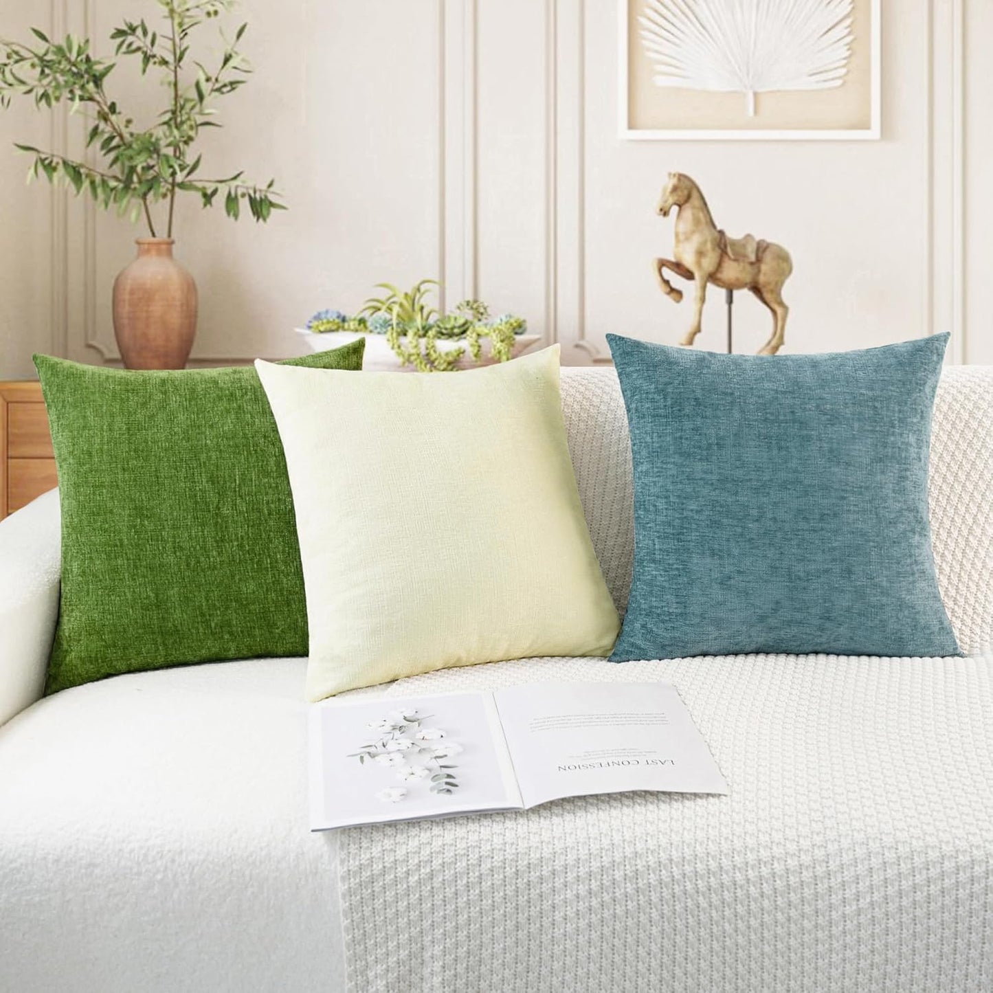 CaliTime Throw Pillow Covers Decorative 22 X 22 Inches Pack of 2 Cozy Chenille Cushion Cases for Couch Sofa Bed Living Room Home Beige