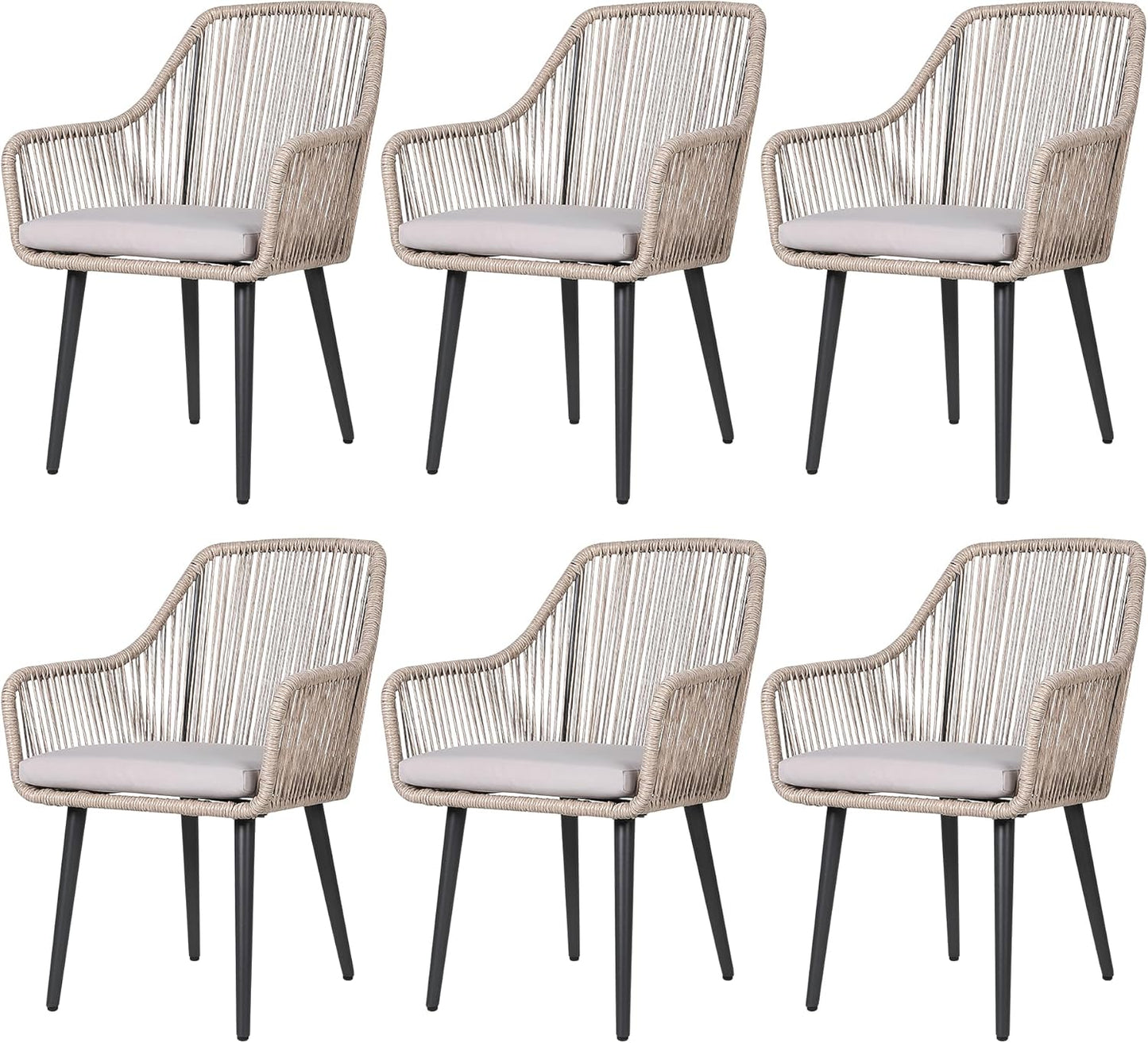 Patiorama Outdoor Dining Chairs, Patio Dining Chair Set of 6, All-Weather Woven Rope Rattan Chairs, Outdoor Dining Wicker Chairs with Armrests for Indoor Balcony Pool Backyard(Tan)