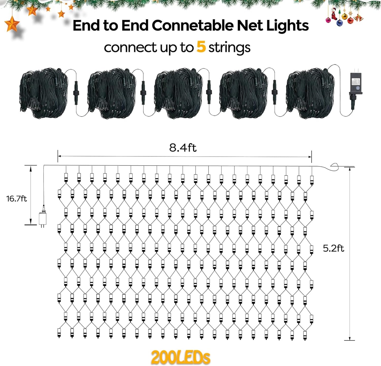 WBao Christmas Lights Outdoor, 200LED 8.4ft x 5.2ft Christmas Net Lights with 8 Modes, Timer, End to End Connectable, Waterproof LED Net Lights for Lawn, Bushes, Trees Xmas Decorations, Multicolor