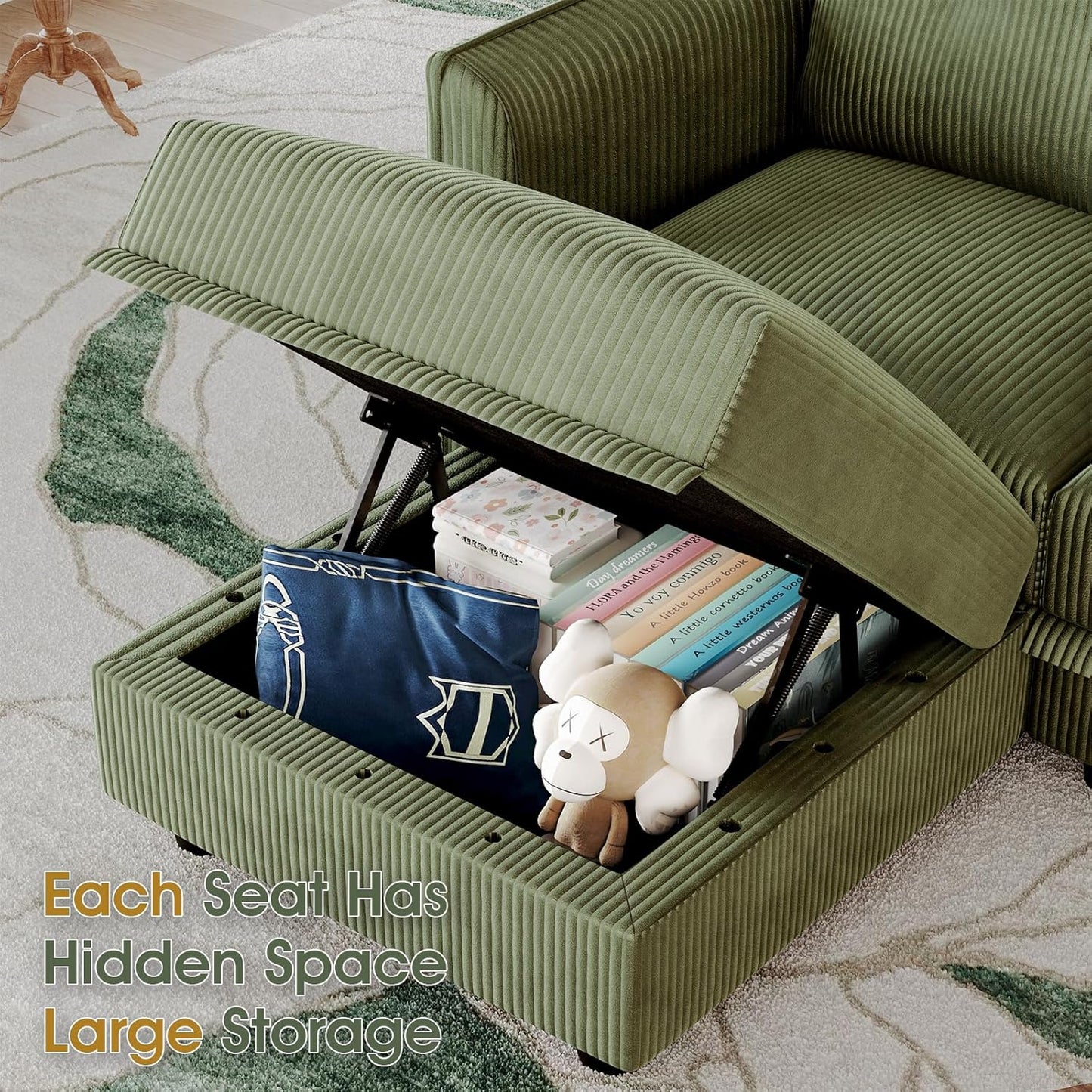 LLappuil Modular Sectional Sofa with Storage Seats, Corduroy Convertible Modular U Shaped Sectional Couch for Living Room, 6 Seat Oversized Sofa with 5 Back Cushion 5 Throw Pillow, Green