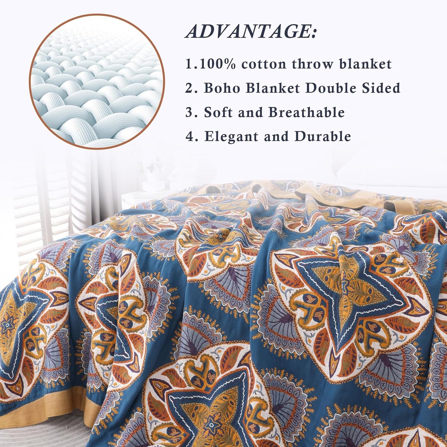 Snycler Boho Throw Blanket for Bed - 100% Cotton Ultra Soft Rustic Quilt Blanket Orange Green Printed Farmhouse Decor Bed Blankets, 80"×90" All Season Rustic Throw for Sofa Couch Chair