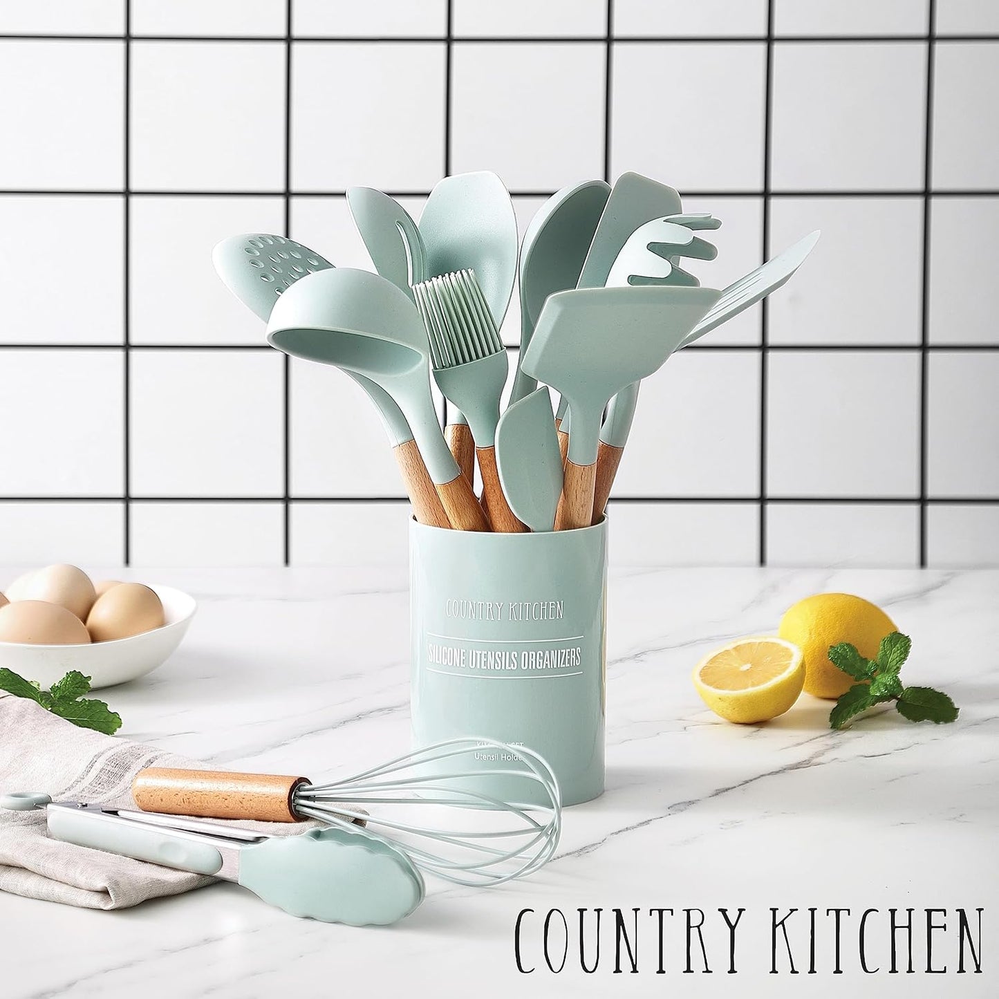 Country Kitchen Non Stick Silicone Utensil Set with Rounded Wood Handles for Cooking and Baking, 14 Piece Set, Mint
