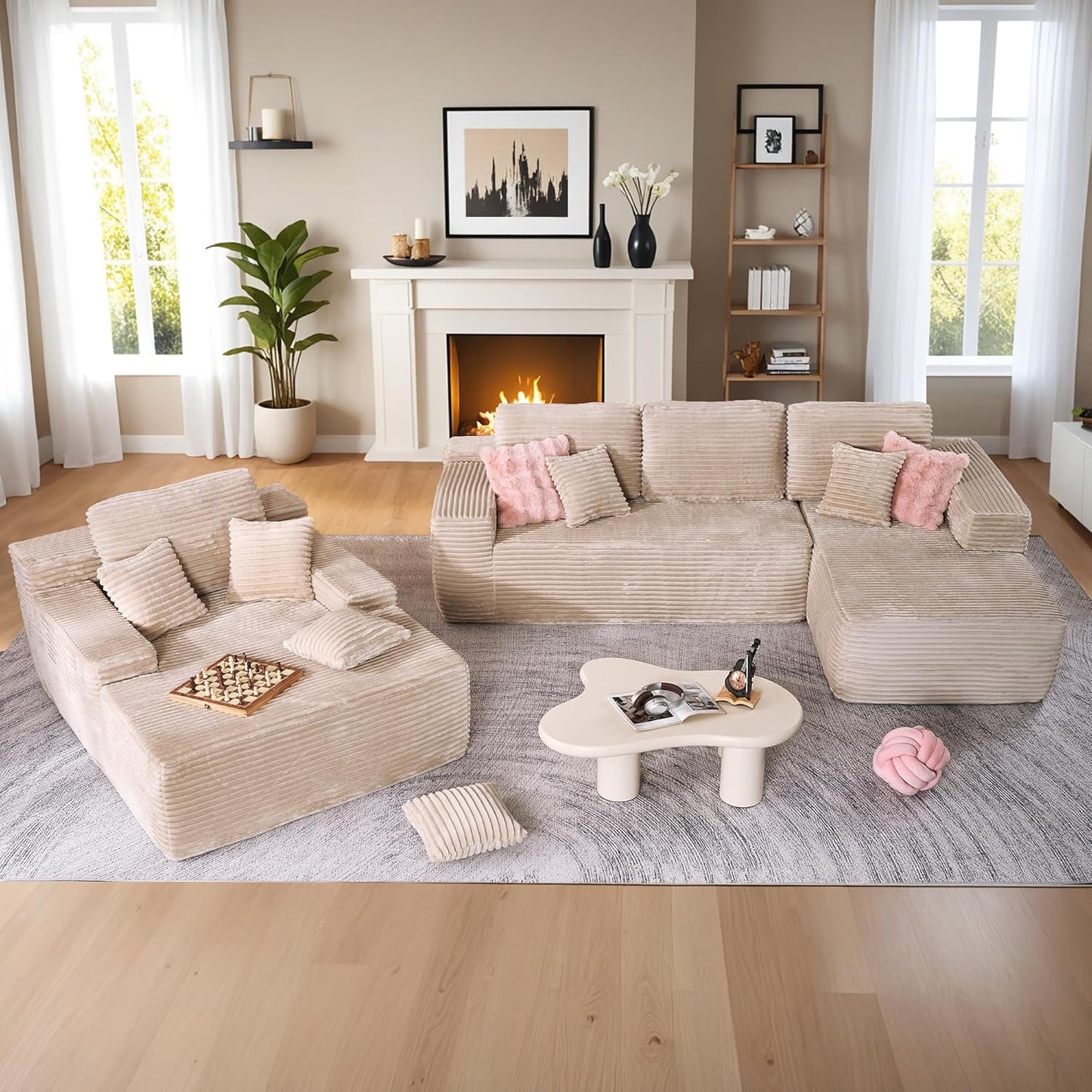 HOOOWOOO Cloud Sectional Couches for Living Room,Modular Sectional Sofa No Assembly,Plush Corduroy Large Floor Couch Furniture Set with Deep Seat Right L Shape and Chaise Lounge(Beige)