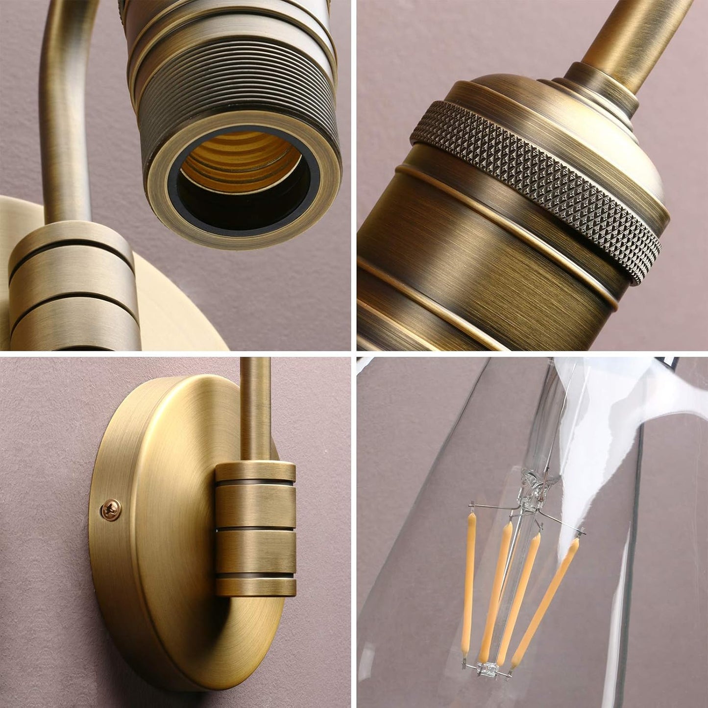 Yosoan 1-Light Brass Modern Vintage Indoor Wall Sconce, Vanity Single Luxury Hardwired Retro Textured Clear Oval Cone Glass Shade with Industrial Gooseneck Curved Rod Bathroom Lamp(Antique)