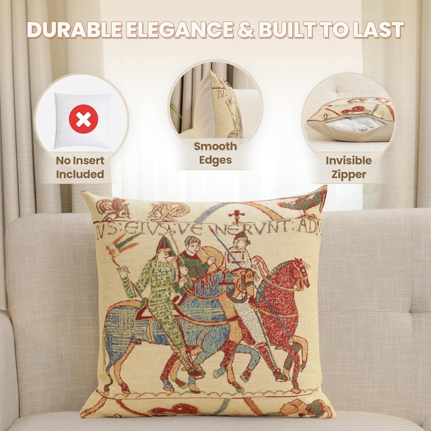 Charlotte Home Furnishings Bayeux Mont St. Michel Throw Pillow Cover 16" x 16" – Medieval Tapestry Cushion Case for Sofa, Couch, & Bed | Cotton Jacquard Woven in Europe | Insert Not Included