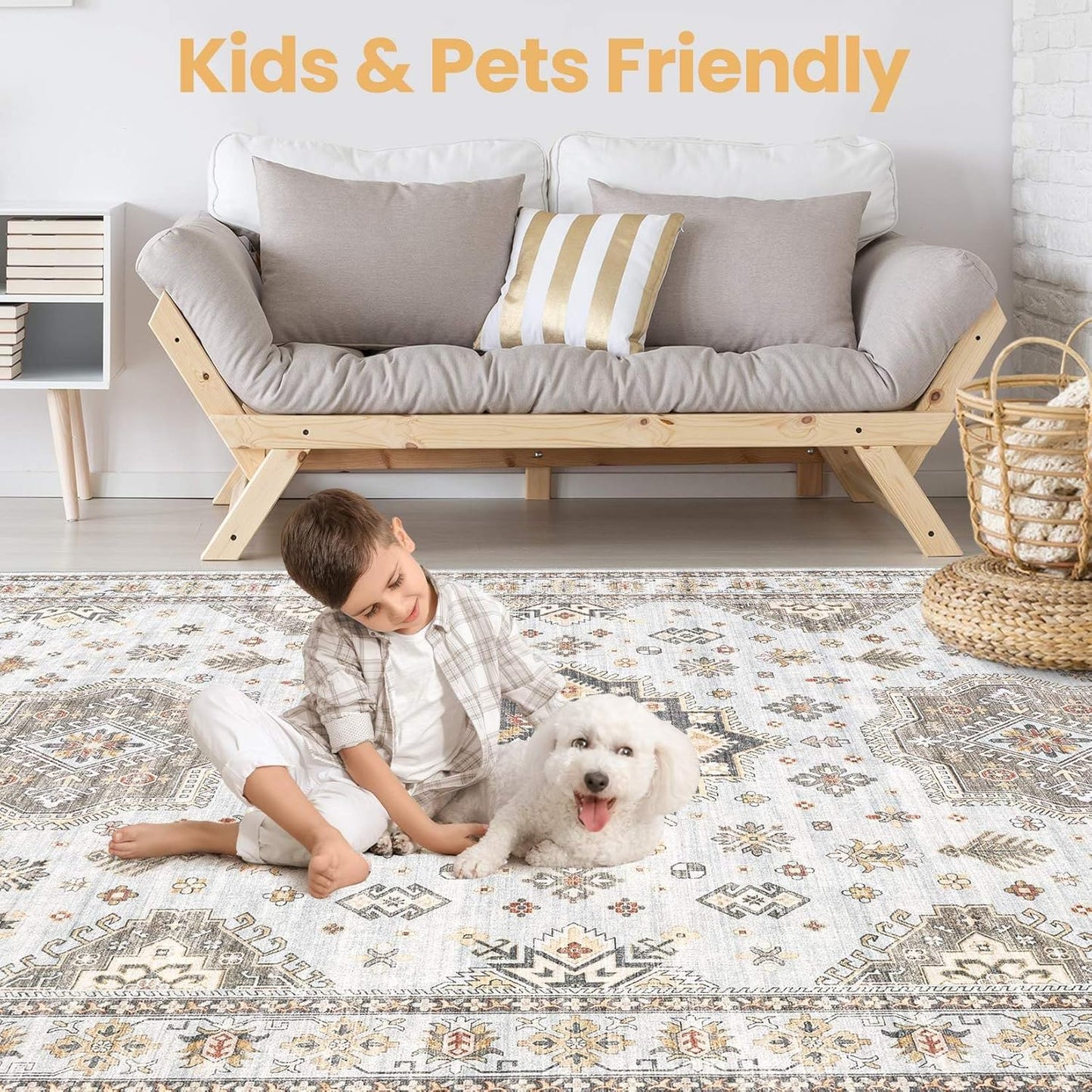 Washable Area Rugs for Living Room - 5x7 Neutral Vintage Distressed Floral Farmhouse Boho Large Soft Floor Rug Indoor Non Slip Carpet for Living Room Bedroom Dining Room Office - Blue Brown