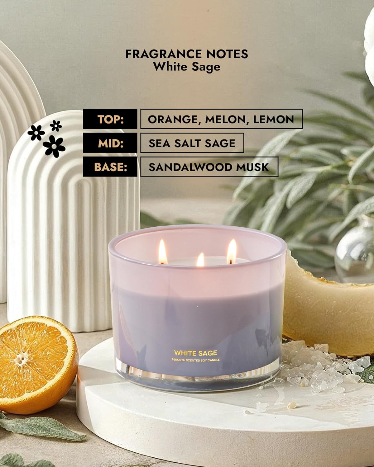 96NORTH Luxury White Sage Candle | Large 3 Wick Jar Candle | Up to 50 Hours Burning Time | 100% Natural Soy Wax | Relaxing Aromatherapy Aesthetic Candles | Housewarming Gift for Men and Women
