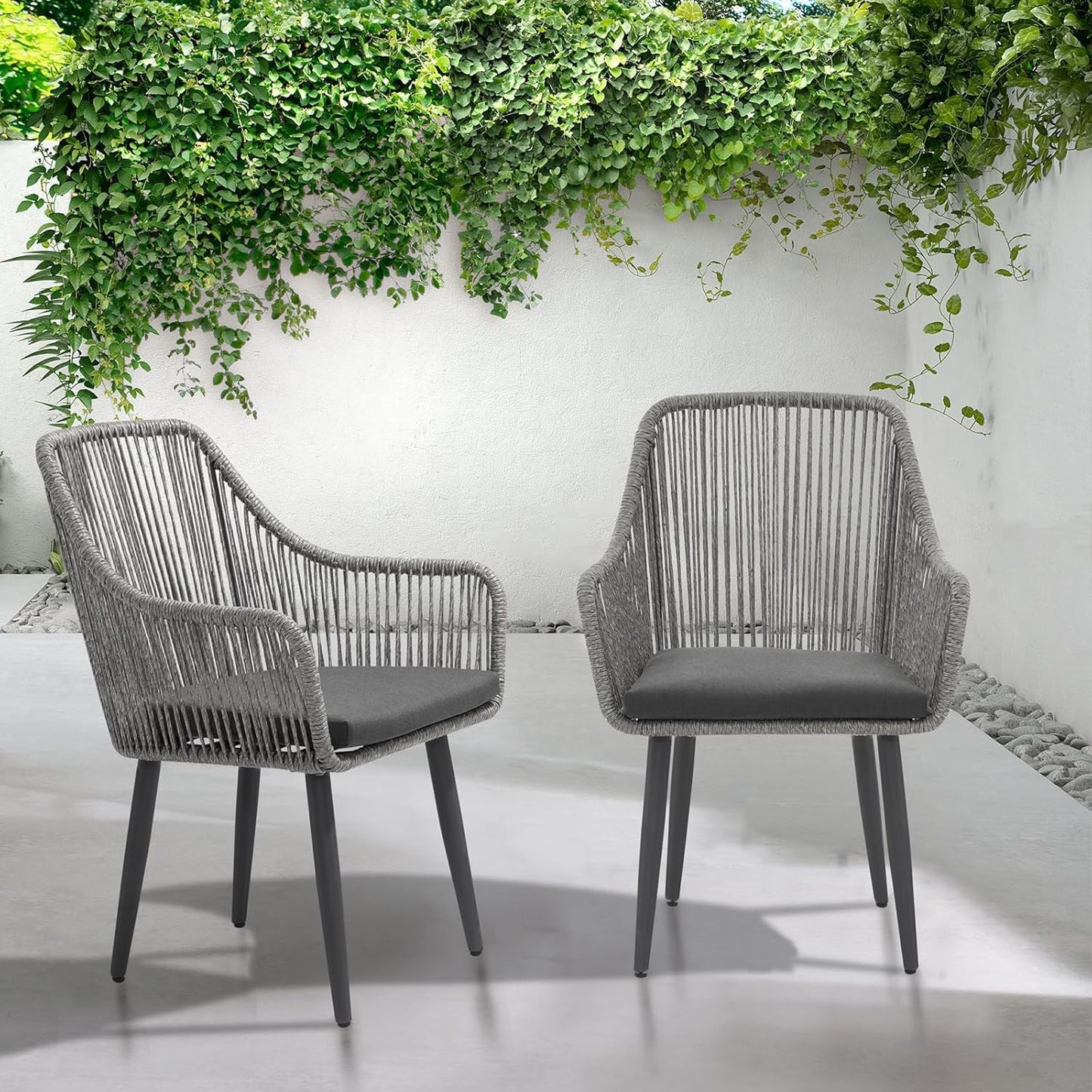 Patiorama Outdoor Dining Chairs, Patio Dining Chair Set of 2, All-Weather Woven Rope Rattan Chairs, Outdoor Dining Wicker Chairs with Armrests for Indoor Balcony Pool Backyard(Gray)