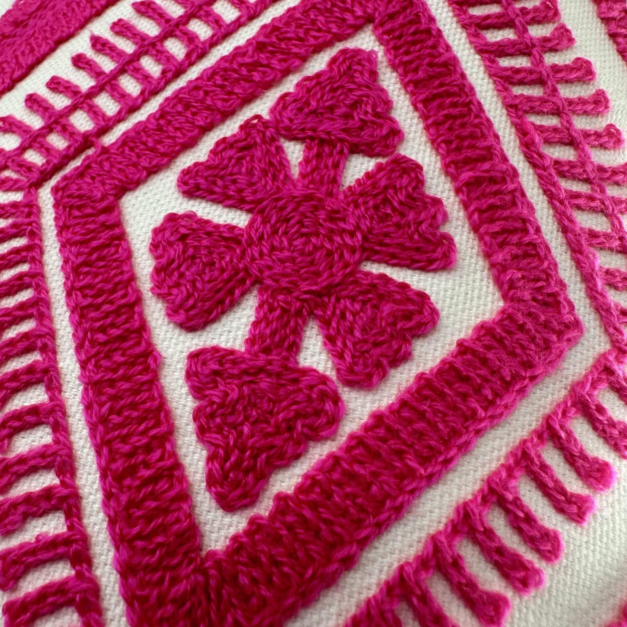 Alysheer Embroidered Decorative Throw Pillow Covers 18x18 inches Set of 2 Pieces, Boho Geometric Modern Chic Classic Pattern Cotton Cushion Cases for Sofa Couch Bed Living Room(Bright Hot Pink)