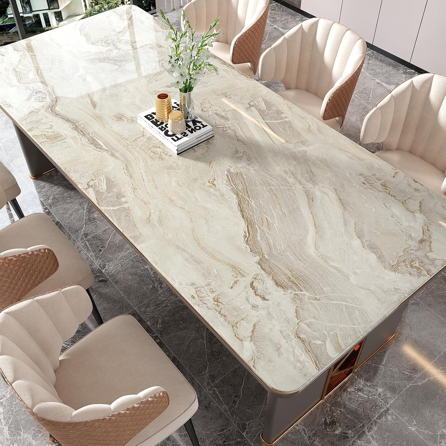 VEELIKE Glossy Beige Gold Marble Contact Paper for Countertops 24''x118'' Wide Peel and Stick Countertops Waterproof Thick Marble Wallpaper Self Adhesive Vinyl Counter Top Wraps for Kitchen Bathroom