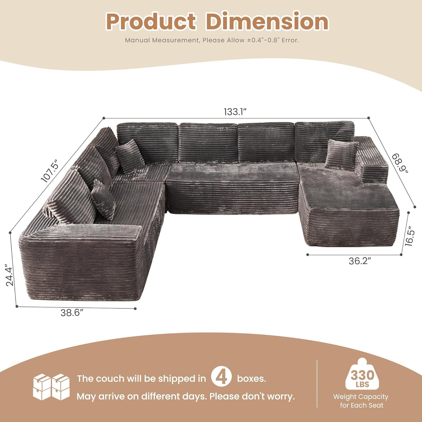 HOOOWOOO Cloud Sectional Couches for Living Room,Modular Sectional Sofa No Assembly,133X108 Inch Plush Corduroy Large U Shaped Floor Couch Set with Deep Seat Right Chaise(Gray)