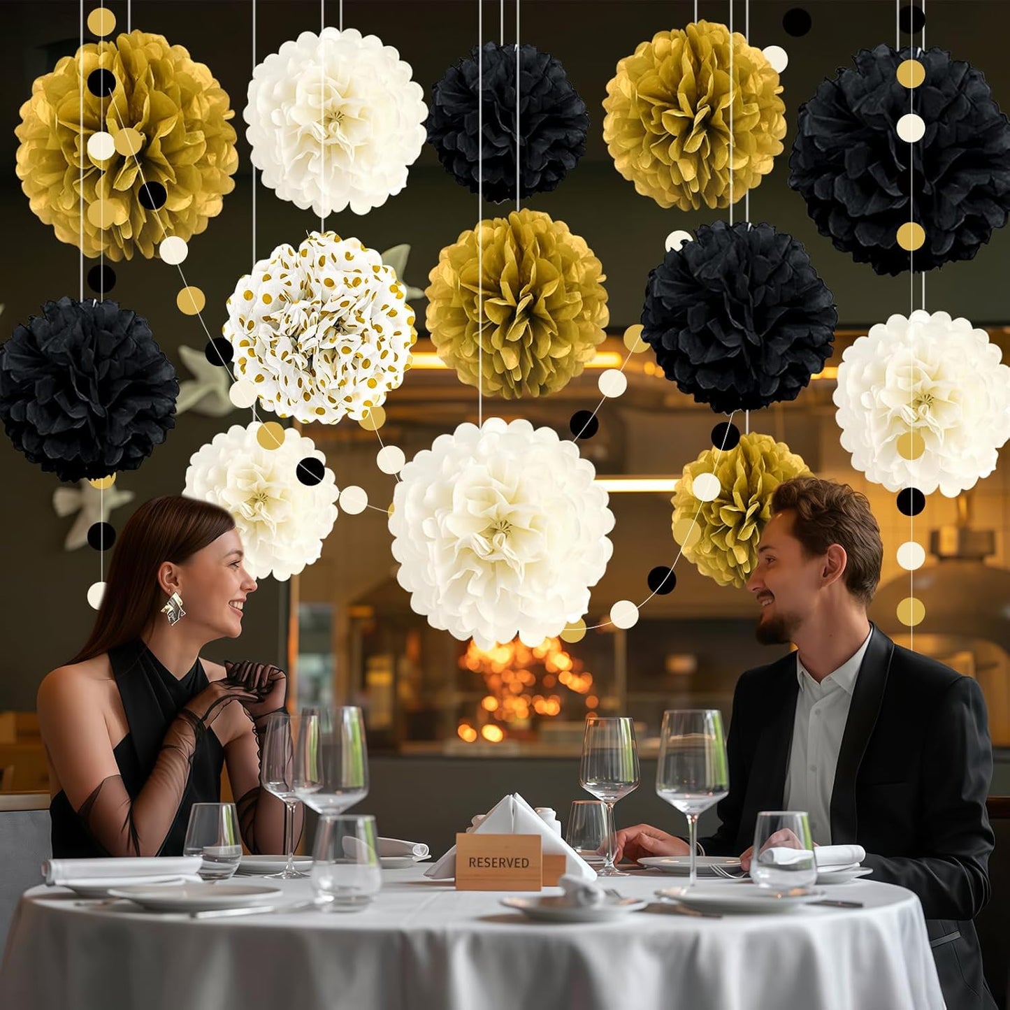 Black and Gold Party Decorations, 16 PCS Tissue Paper Pom Poms Dots Paper Garland Kit for New Year Party, Graduation, Wedding, Birthday, Engagement, Baby Shower, Retirement Party Decor