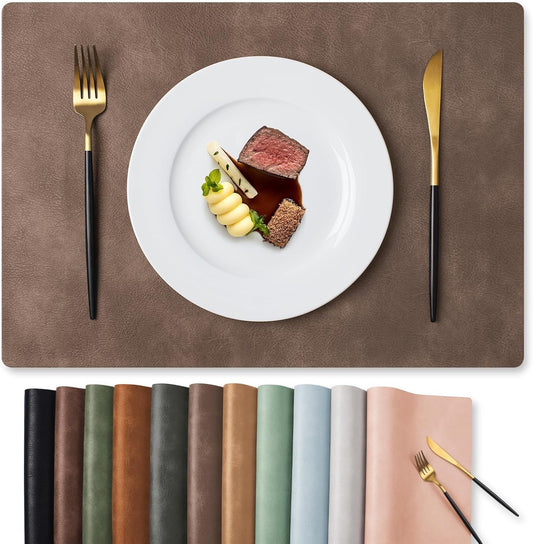 MOSAYT Vinyl Placemats Set of 8-12 X 17 Inch - Faux Leather 100% Waterproof Oil-Proof Wipeable PU Place Mats, Heat Resistant Reversible Table Mats for Kitchen, Dining, Outdoor (Brown)