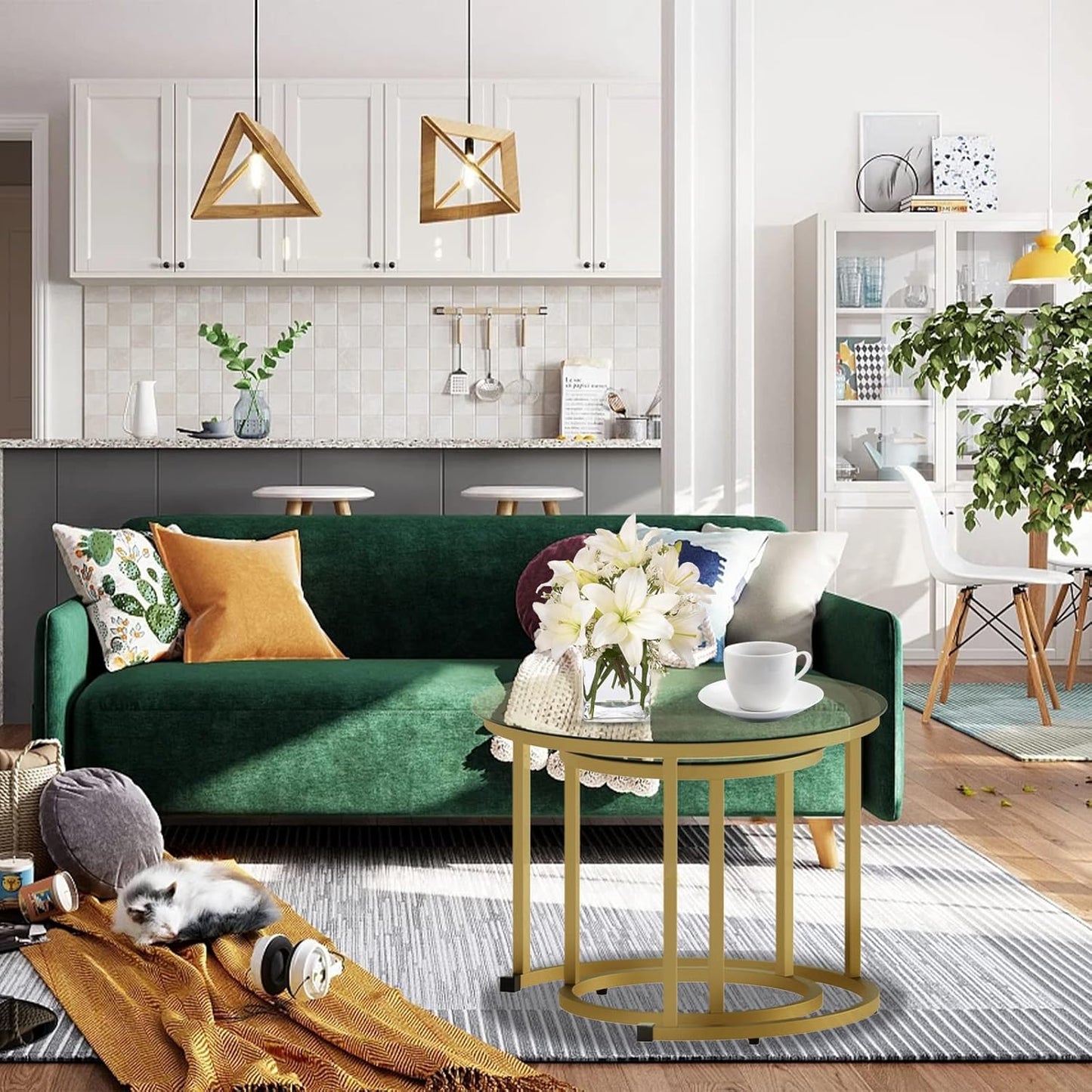 aboxoo Gold Nesting Coffee Table Set of 2, Small Glass Round Nesting Tables for Living Room Bedroom, Accent Tea Table with Metal Frame Modern Industrial Simple