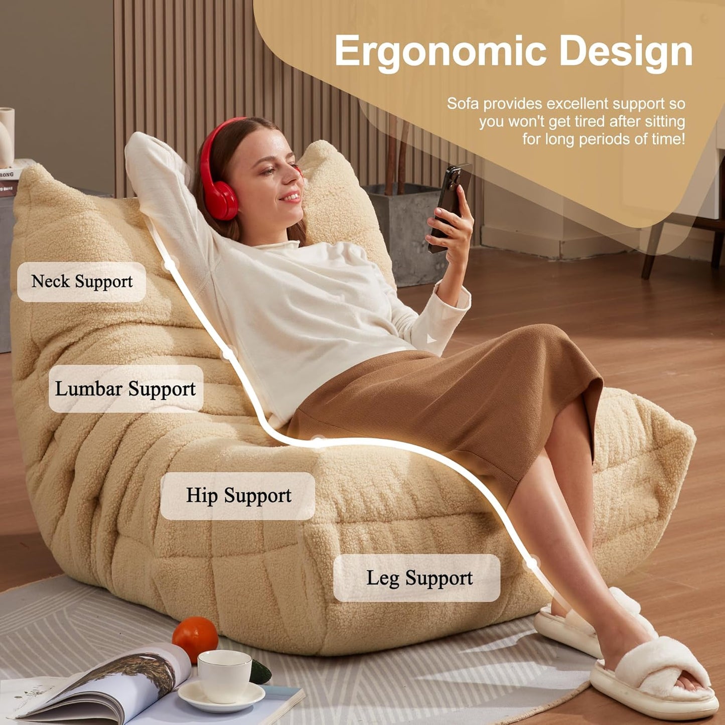 Bean Bag Chairs for Adults Giant Bean Bag Chair Memory Foam BeanBag Chair Big Bean Bag Sofa with Filler Faux Fur Fireside Beanbags Lazy Sofa for Living Room Bedroom Dorm Office (Khaki Teddy)