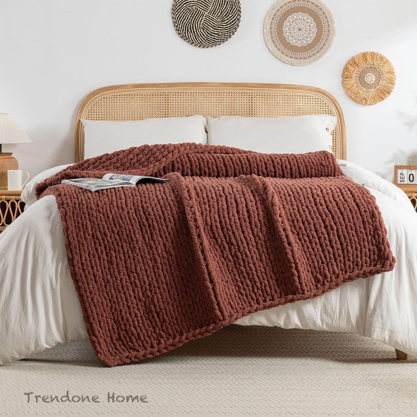 Chunky Knit Blanket Throw, 100% Hand Knit Throw Blanket Handmade Chenille Cable Knit Throw for Couch, Stylish Cozy Soft Rope Knot Crochet Blanket for Home Decor, Copper Brown, 50x60 Inches