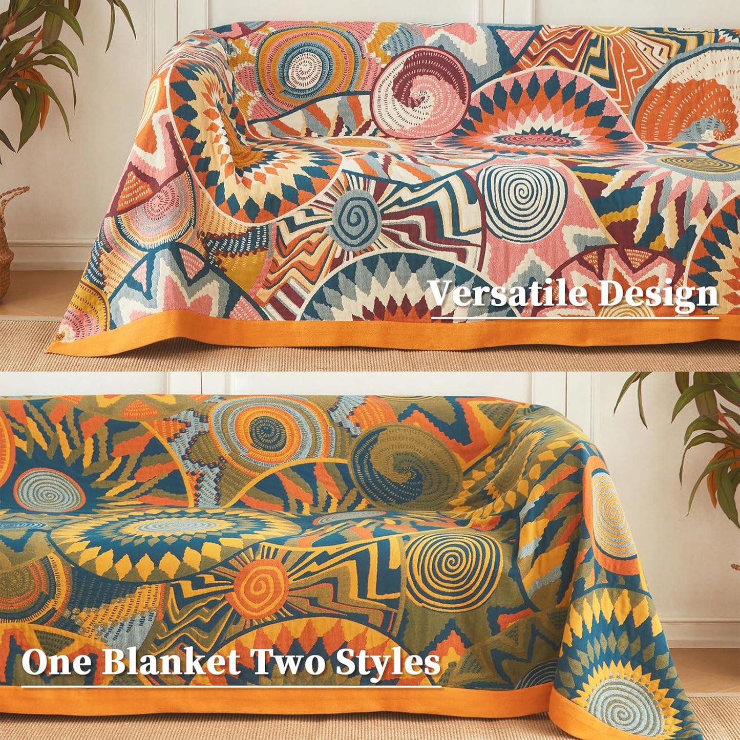 Vintage Throw Blanket Pure Cotton Soft Cozy Breathable Blanket for Couch Reversible Floral Printed Outdoor Throw Blanket Home Decor (60"x80",03-Colorful Art)