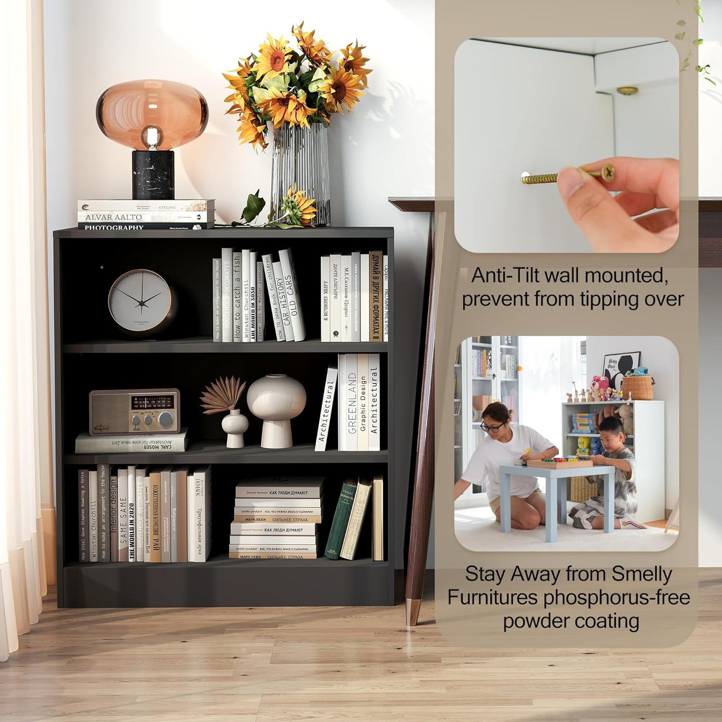 3-Tier Metal Open Shelf Bookcase, Bookcase with Adjustable Shelves, Floor Standing Book Shelf, Freestanding Display Storage Shelves, Curio Cabint Display Case for Small Places/Living Room/Corner