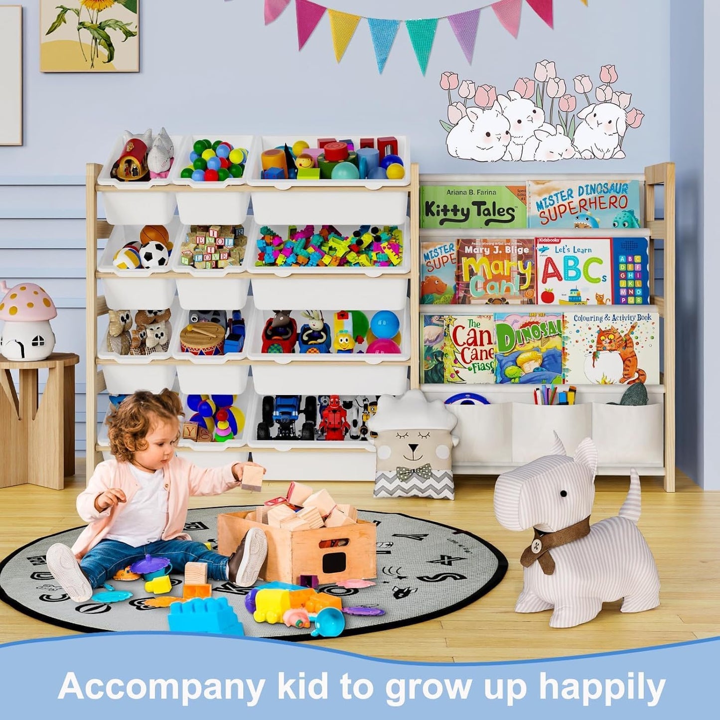 Large Toy Storage Organizer with Bookshelf, Toy Organizers and Storage with 12 Storage Bins, 4 Tier Multipurpose Toys Organizer Storage for Kids Room, Playroom, Nursery Room, White