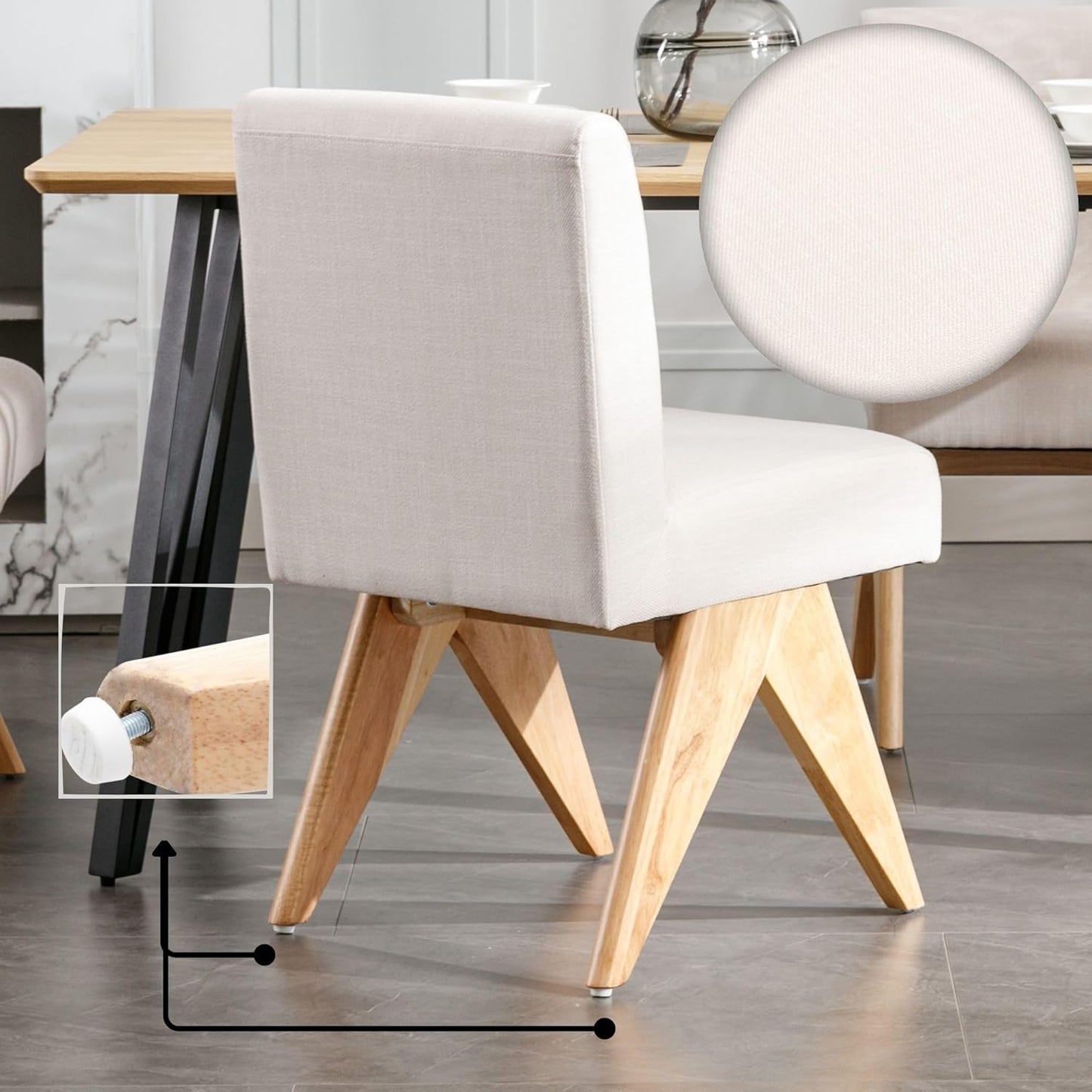 Mid Century Modern Farmhouse Dining Chairs Set of 4, Upholstered Armless Kitchen Chairs with Back and Wooden Legs, Linen Beige