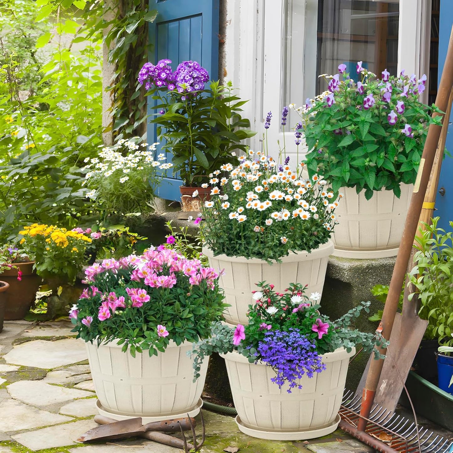 Quarut Plant Planters Pots Set of 4 Pack 16 Inch，Large Plastic Flower Pot for Indoor Plants with Drainage Holes & Trays, Whiskey Barrel Planters with Saucer for House Outdoor Garden Plant（White）