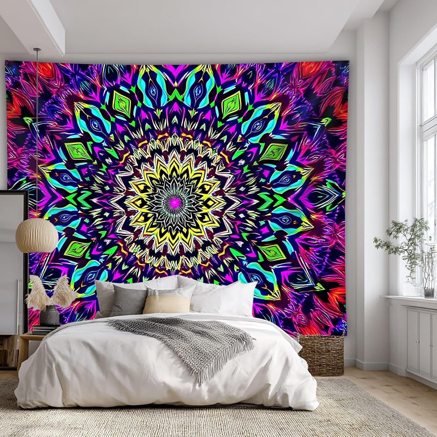 PSYHILAR Blacklight Mandala Tapestry for Bedroom, Medium Black Light Posters for Adults and Teens, Colorful UV Reactive Aesthetic Bohemian Wall Art Decor (60 x 50 Inches)