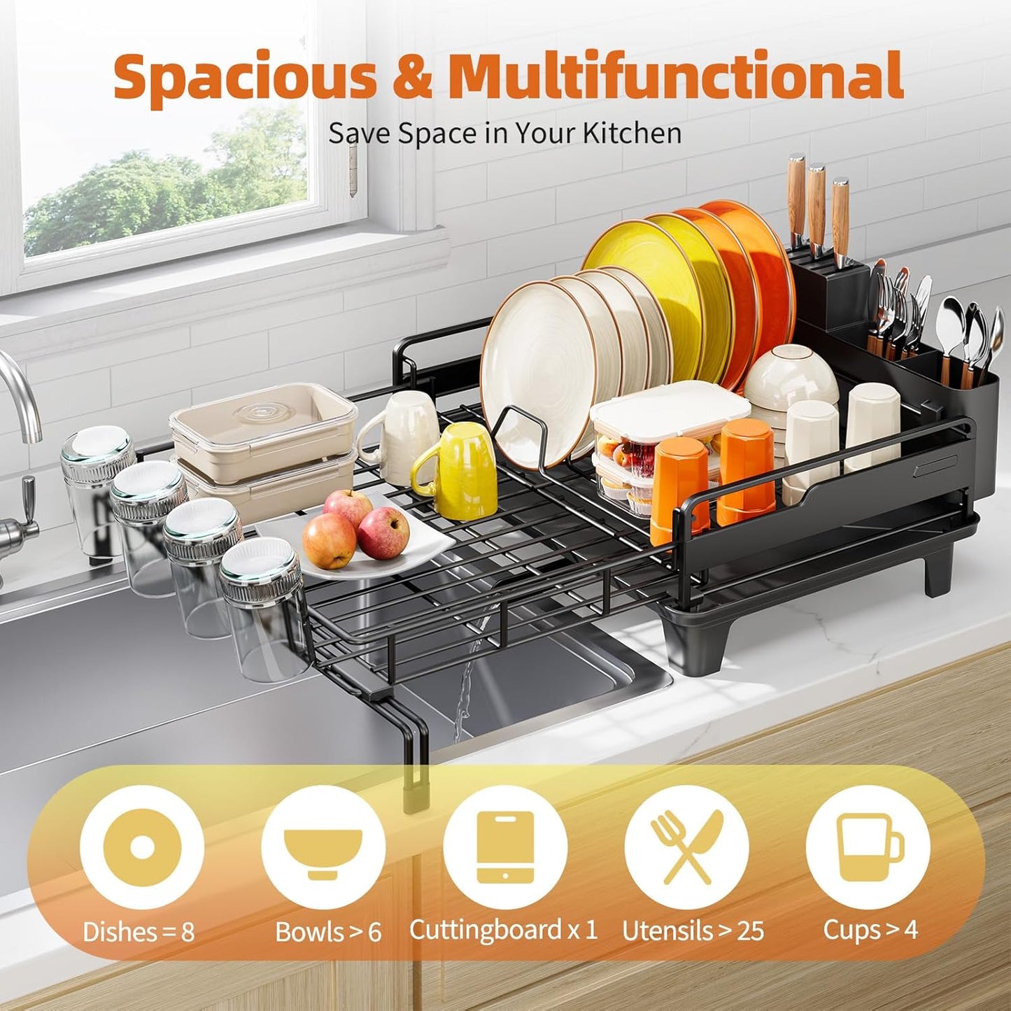 Extendable Dish Drying Rack, Multifunction Dish Rack for Kitchen Counter, Expandable Dish Drainer Over Sink, Large Dish Strainer with Cups Holder, 1 Tier Black