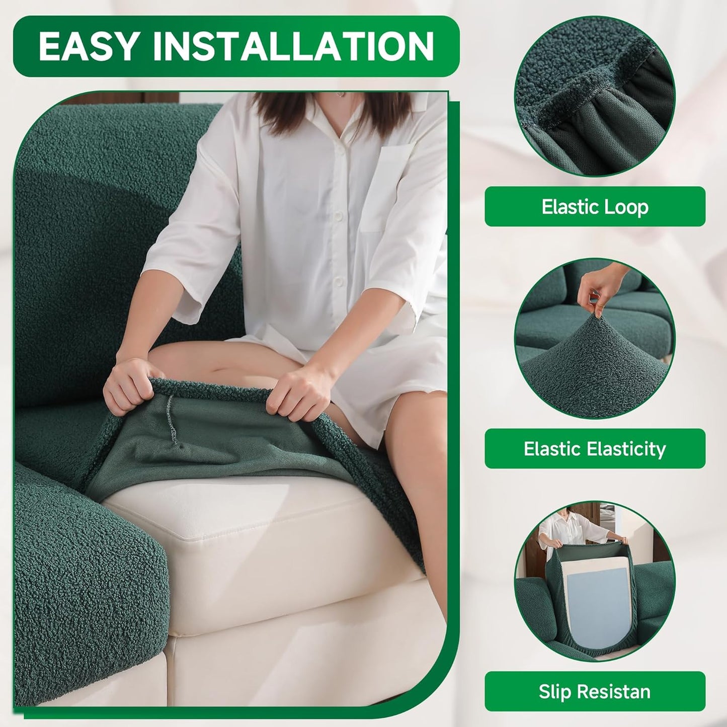 Couch Cushion Covers for Sectional Sofa, Stretch Soft Sofa Slipcovers Washable Wear-Resistant Universal Furniture Protector for Living Room(3 Seaters Covers, Green)