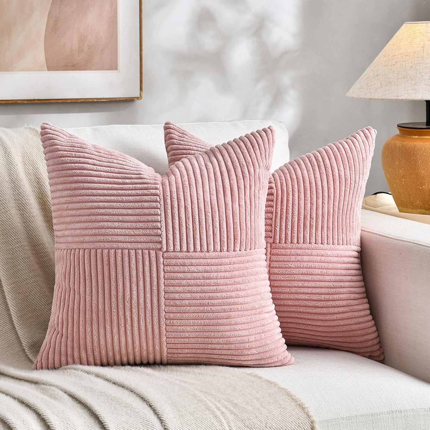 Fancy Homi 2 Packs Blush Pink Decorative Throw Pillow Covers 20x20 Inch for Living Room Couch Bed, Rustic Farmhouse Boho Home Decor, Soft Corss Corduroy Patchwork Accent Square Cushion Case 50x50 cm