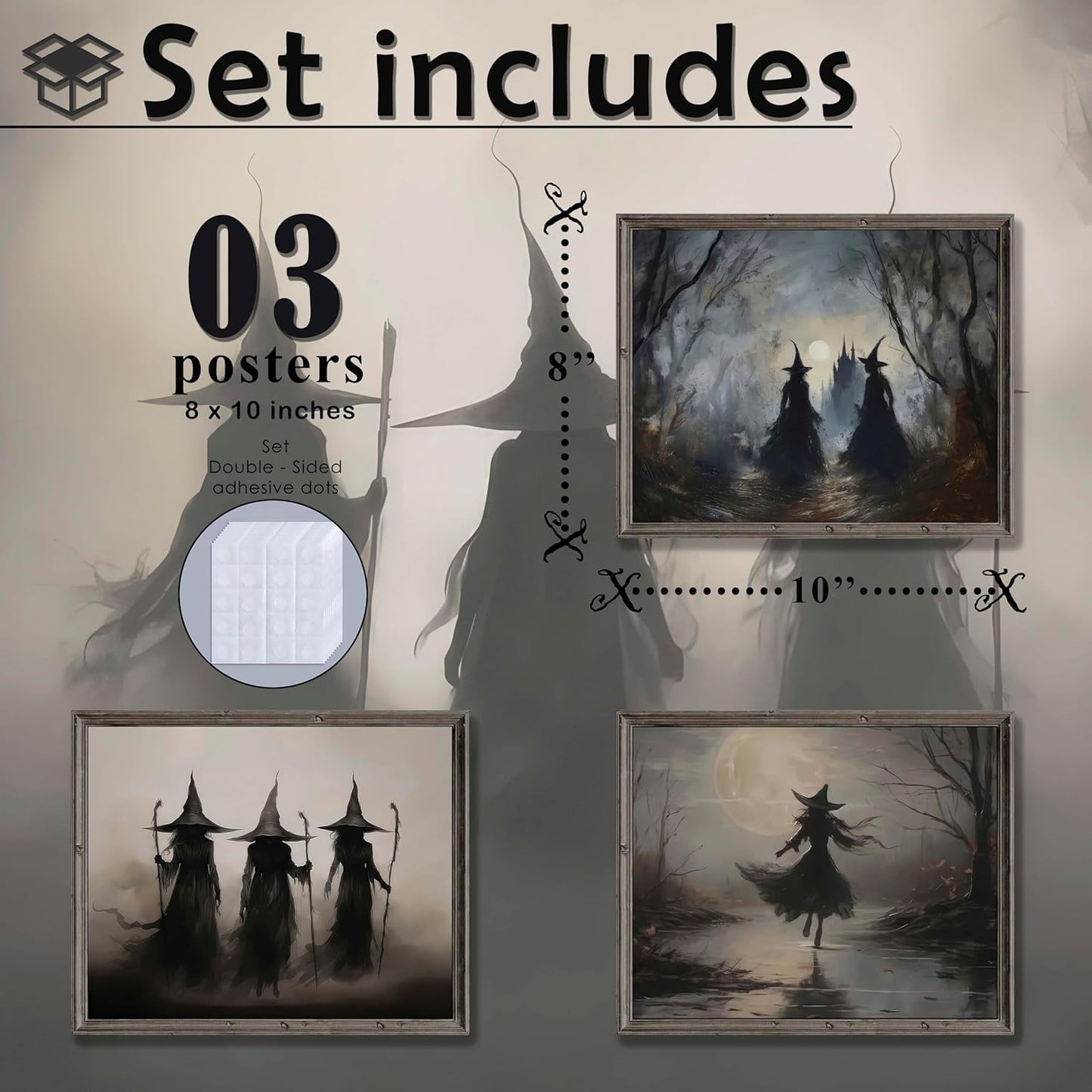 LANCHI95 3 Pcs 8x10in Vintage Rustic Witch Posters Halloween Wall Art Witch in The Forest Painting Prints Goth Dark Moody Wall Decor for Living Room Bedroom 8x10 in (UNFRAMED)
