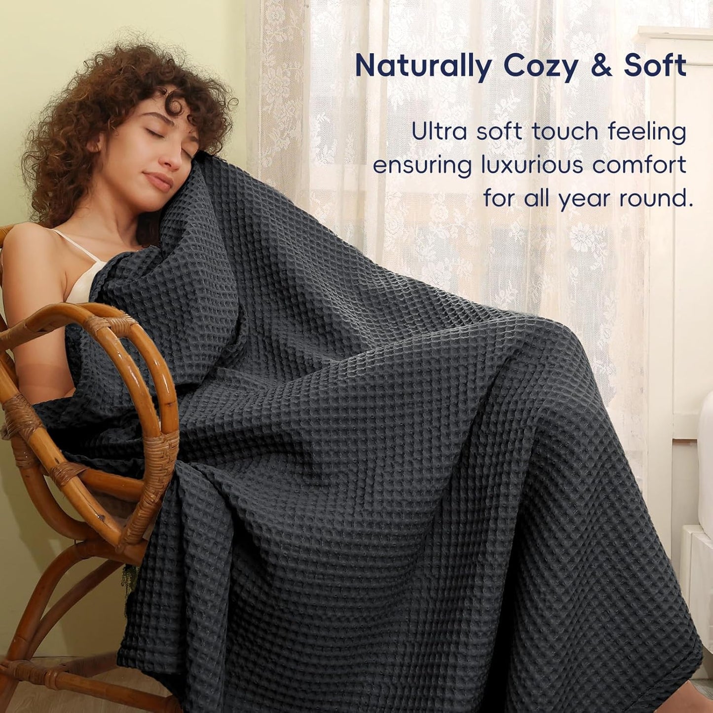 PHF Ultra Soft Waffle Weave Blanket King Size 104"x 90"- Washed Lightweight Breathablee Cozy Woven Blanket - Great for Couch Bed Sofa Home Car - Black