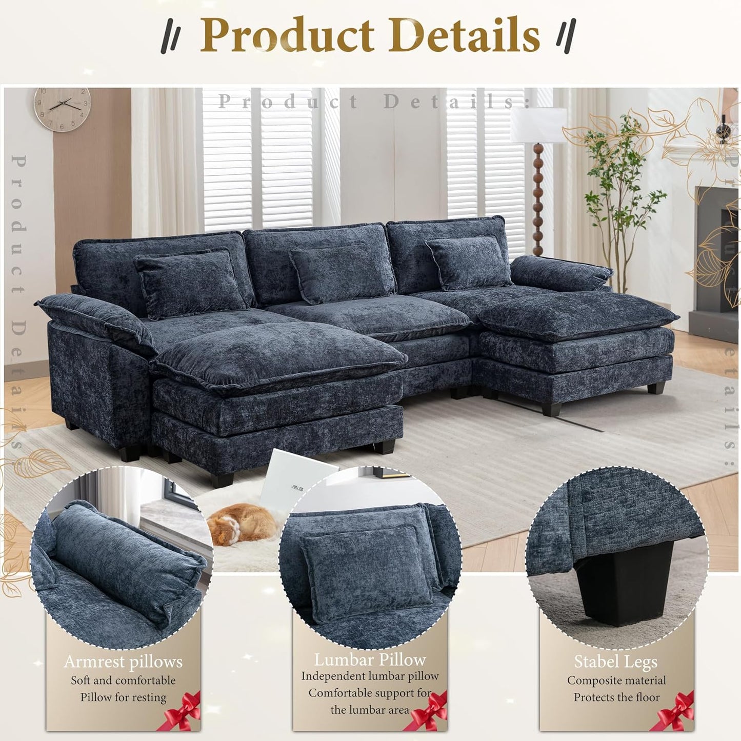 URRED Modular Sectional Sofa Comfy Cloud Couch, Modern Chenille Sofa Sleeper Deep Seat Couches with Ottoman/Pillows for Living Room (Blue, 117'' - U Shape)