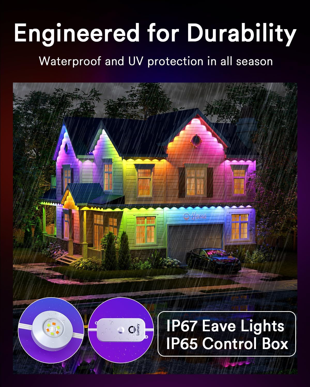 Lumary Permanent Outdoor Lights Pro 53ft for House, 40LED 50lm RGBAICW Smart Eave Lights, IP67 Waterproof, Multi Scene for Daily and Holiday Accent Lighting Decor, Work with Alexa, Google, Remote
