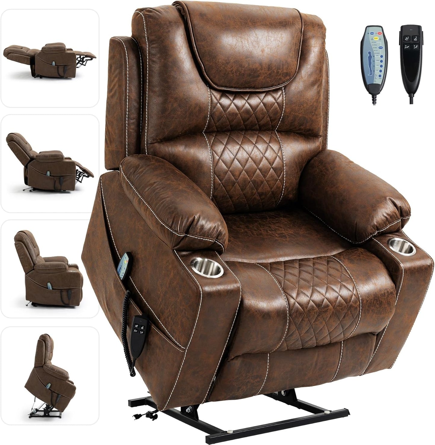 Large Power Lift Chairs Recliners for Elderly with Heated and Massage, Upgraded Dual Motor Lay Flat Recliners, 25in Extra Wide Seat, Cup Holder, Side Pocket…, Brown/Breathing Leather