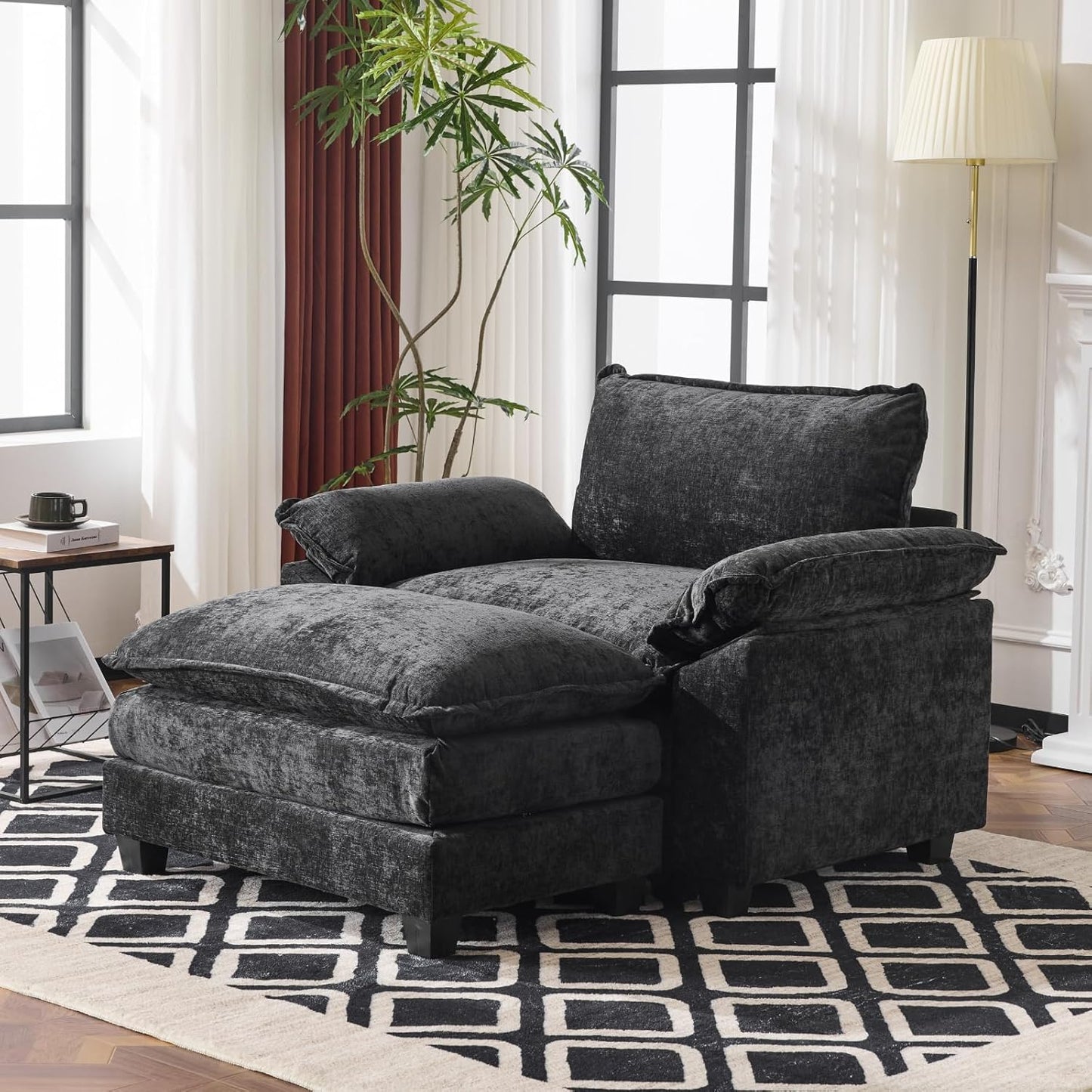Karl home Oversized Accent Chair Chenille Sofa with Chaise, Modern Sofa Chair with Removable Ottoman Modular 1-Seater Couch and 2-Layer Ottoman for Living Room, Apartment, Studio, Black