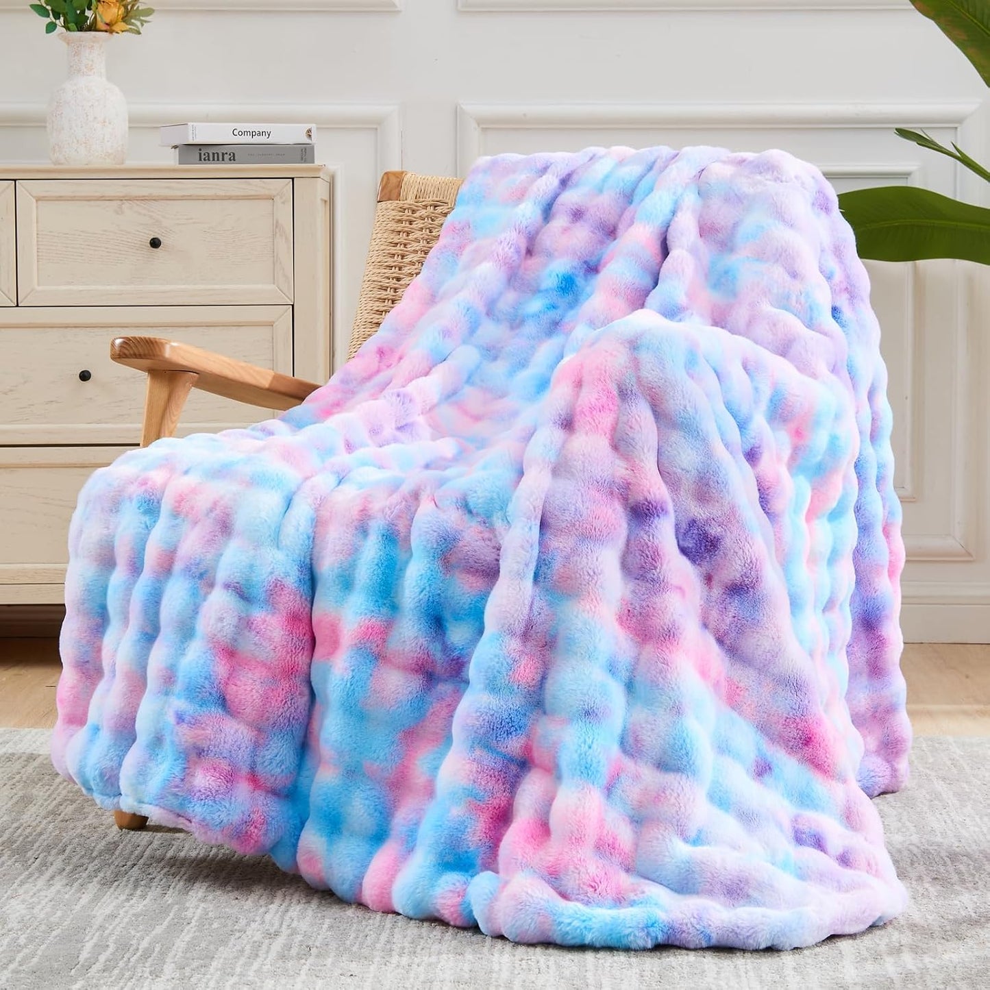 NEWCOSPLAY Faux Fur Throw Blanket Purple Rainbow Luxury Fluffy Thick Warm Bubble Blanket for Couch Sofa Bed 700GSM (Purple Rainbow, Throw(50"x60"))