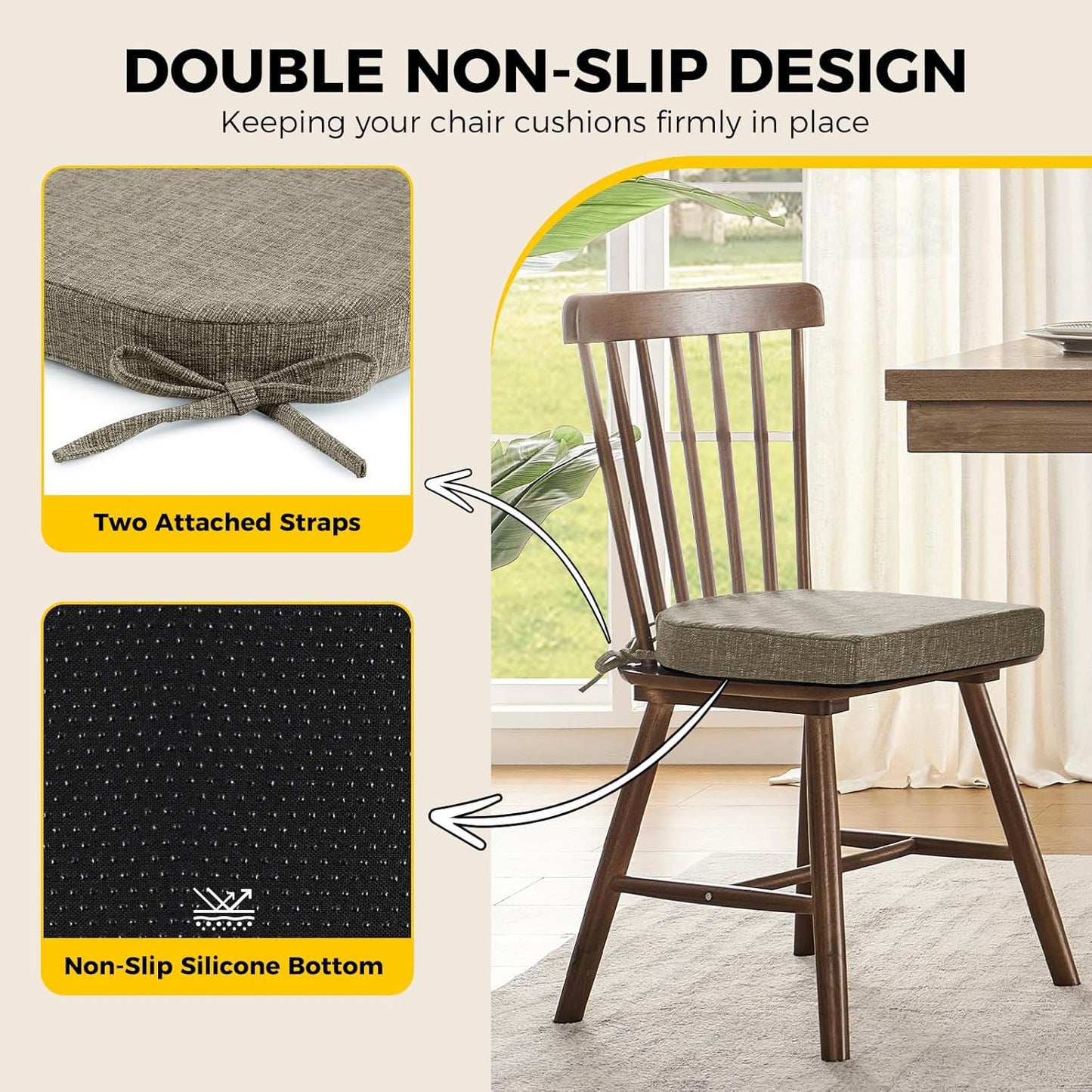 downluxe Indoor Chair Cushions for Dining Chairs, Soft and Comfortable Textured Foam Kitchen Chair Pads with Ties and Non-Slip Backing, 16" x 16" x 2", Khaki, 4 Pack