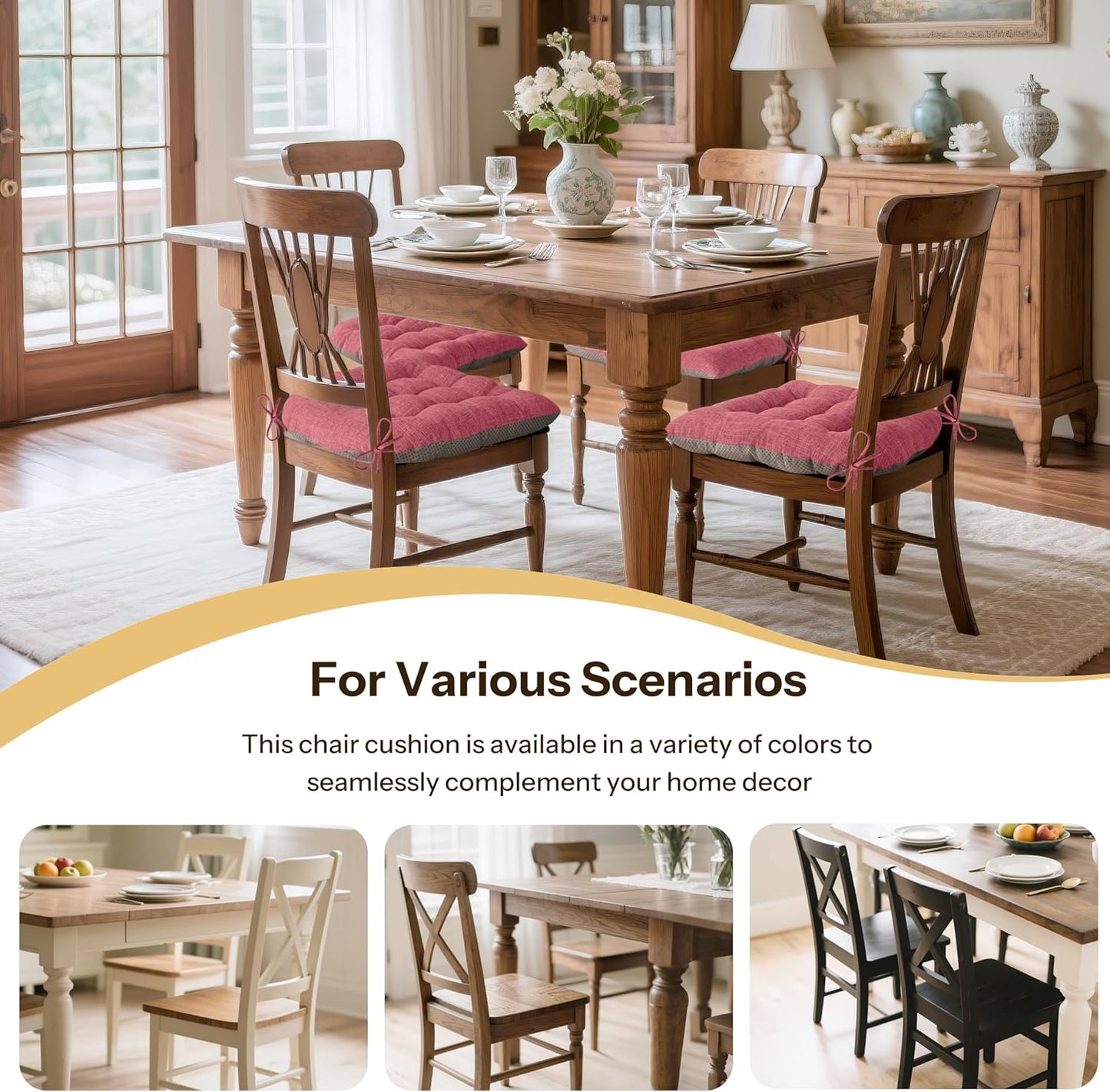 Non Slip Chair Cushions for Dining Chairs Set of 4 Kitchen Chair Cushions 18"x18"x3" Turfted Chair Pads Comfortable and Soft Seat Cushion with Ties (Pink)