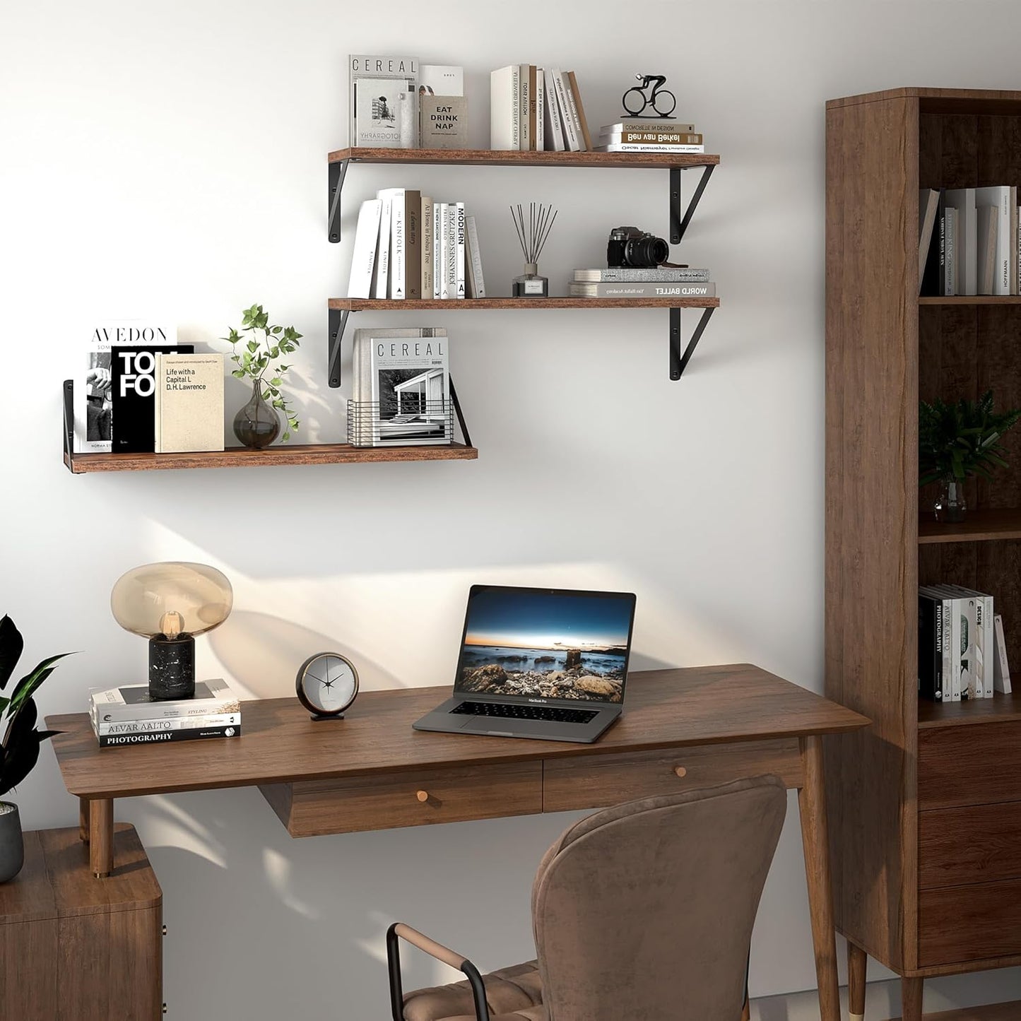 Heimlove Floating Shelves for Wall, 24 Inch Long Wood Floating Shelves Set of 3, Wall Mounted Hanging Shelf for Bathroom Bedroom Kitchen, Rustic Brown