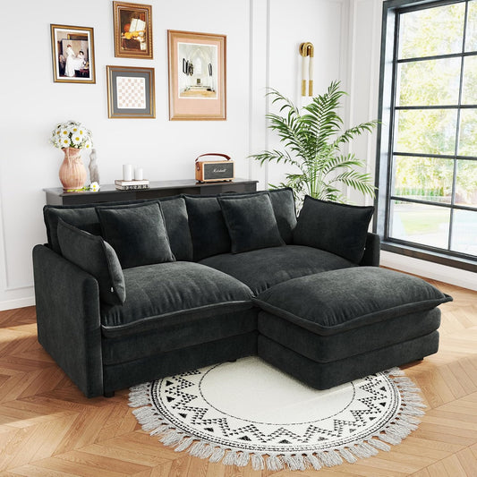 Sectional Sofa 2 Seater with Movable 1 Ottoman,Oversized Modular Couch Deep Seat (Black, 76.7 inch-L)