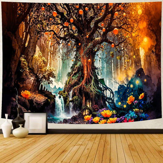 Delur Magical Forest Tapestry Fantasy Tree of Life Fairy Tale Enchanted Mystical Forest Tapestry Psychedelic Nature Landscape Wall Hanging Headboard for Bedroom Living Room Home Decor (70.8" x 92.5")