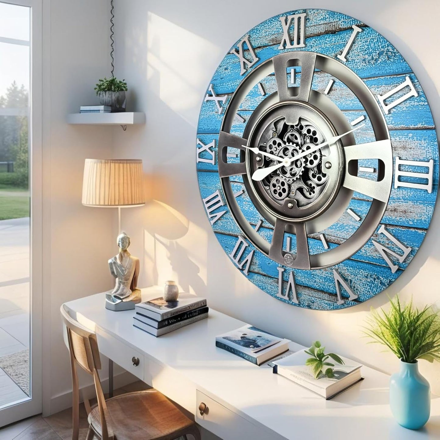 The Gears Clock Real Moving Gear Wall Clock England Line (Ocean Blue, 24 inches (60 cm))