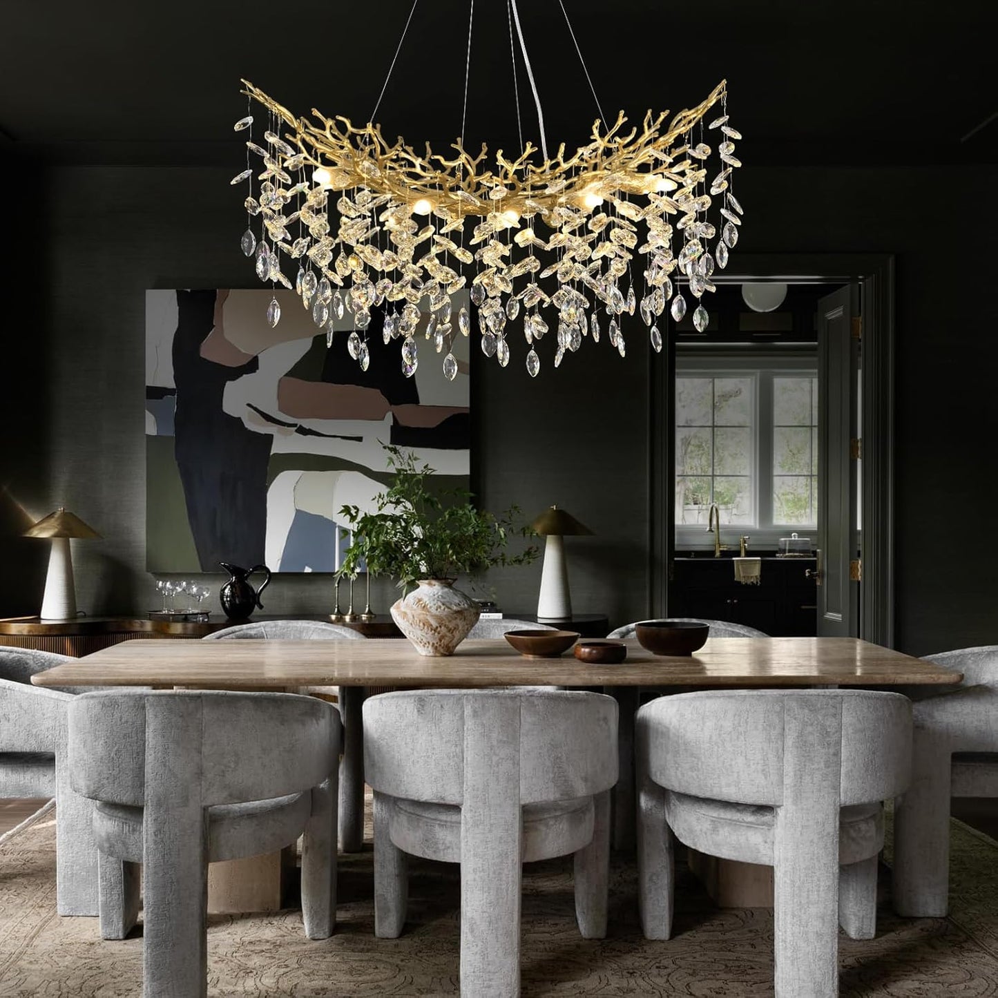 Modern Crystal Gold Chandelier, 36" Large Rectangular Oval Tree Branch Crystal Chandeliers for Dining Room,16-Light Flush Mount K9 Crystal Chandeliers, for Kitchen Island,Dining Room