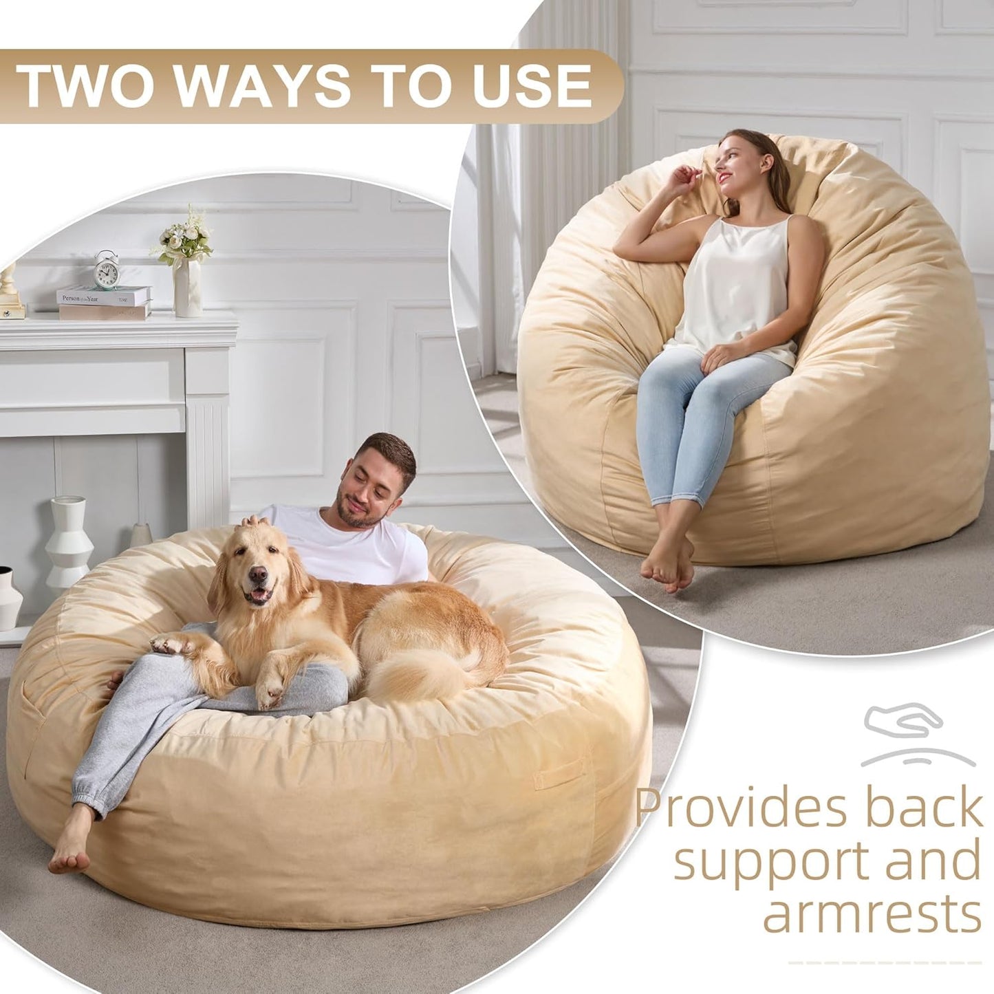 Hobestluk 6FT Bean Bag Chair Bean Bag Chairs for Adults Giant Bean Chairs with Velvet Cover, Memory Foam BeanBag Chair Fluffy BeanBag Chairs for Living Room, Bedroom- Khaki (70" x 70" x 15")