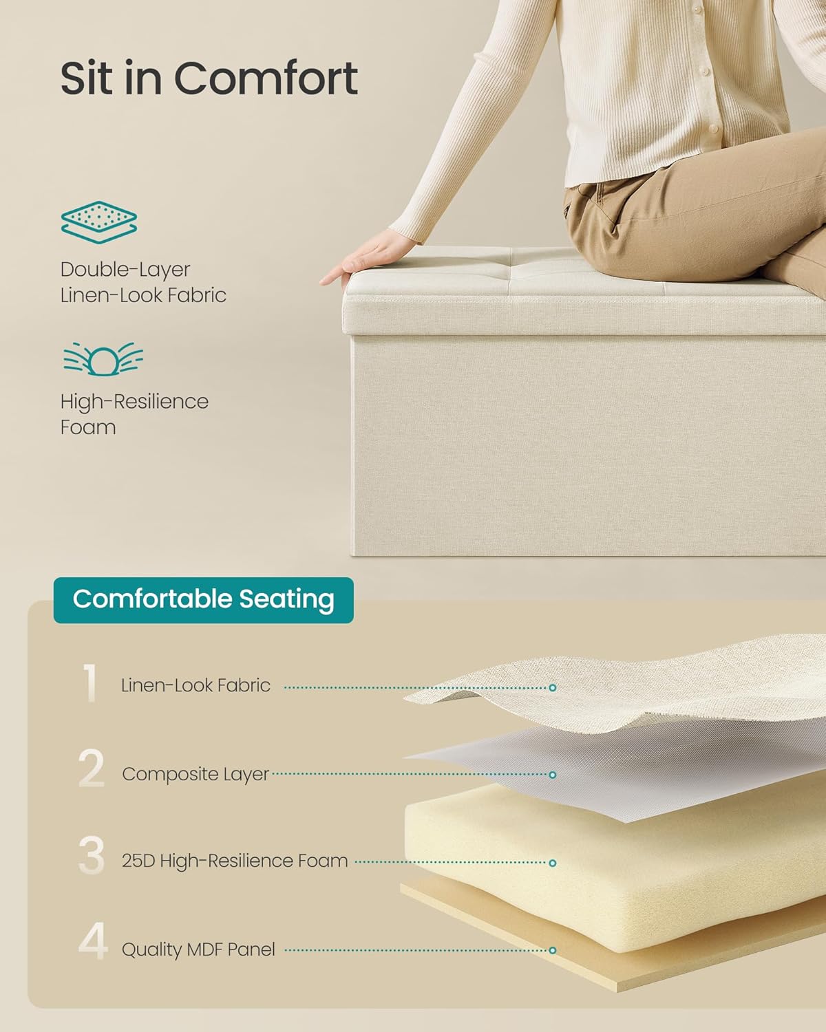 SONGMICS MAZIE Collection - 43 Inches Folding Storage Ottoman Bench, Ottoman Foot Rest, End of Bed Bench, Storage Chest, Load 660 lb, for Living Room, Bedroom, Entryway, Cream White ULSF77BE