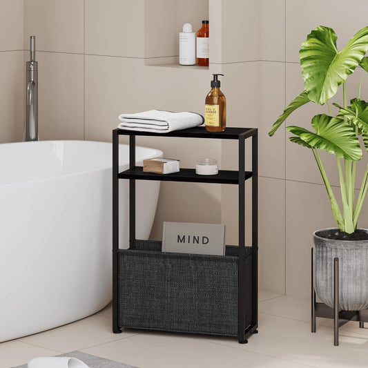 Narrow Side Table, Slim End Tables with Fabric Basket, Skinny Table for Small Spaces, Thin Bedside Table for Living Room, Bedroom (1, Ebony Black + Slate Gray)