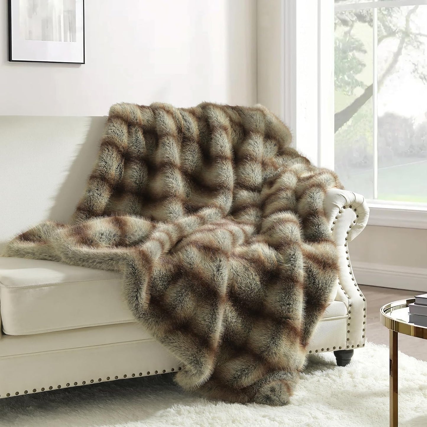 HORIMOTE HOME Luxury Plush Blanket, Soft & Cozy Fur Throw Blanket for Couch, Bed and Sofa, Fluffy Faux Fur Throw, with Shed-Free Design, 60x80 Inches Decorative Blankets, Brown Taupe Stripes